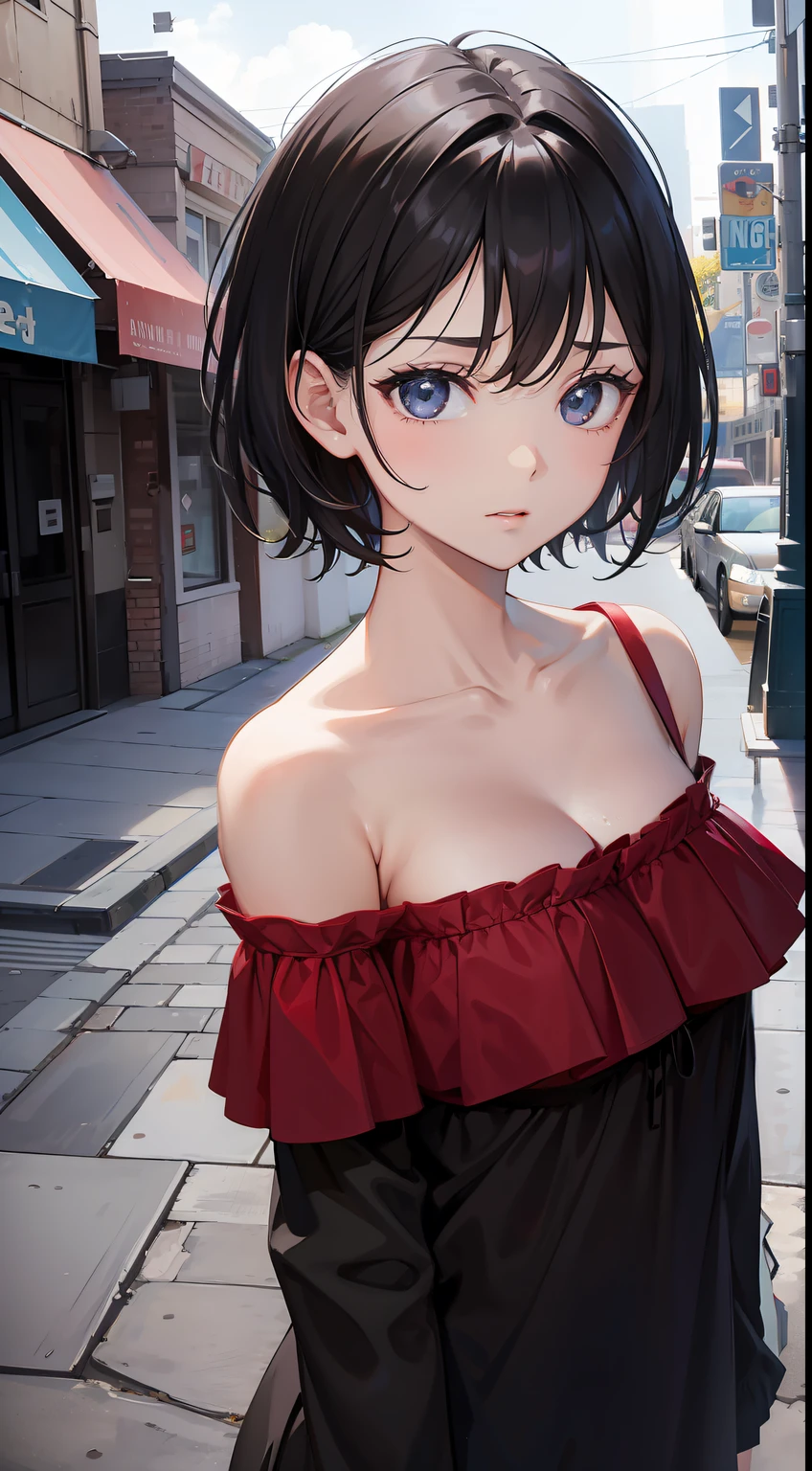 one-girl， breast，cleavage，Bust photo，looks into camera，sportrait，with short black hair，Be red in the face，Off-the-shoulder attire，City streets