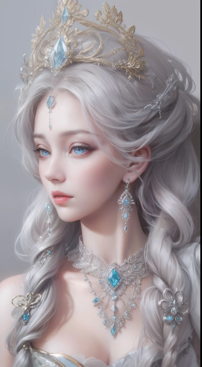 tmasterpiece,Highest high resolution,A bust of a beautiful royal maiden,Delicate braided hair,Coiled hair,Shining clear eyes,The hair is covered with beautiful and delicate floral craftsmanship, crystal、Diamond jewelry filigree,Ultra-detailed details,upscaled,softlighting。