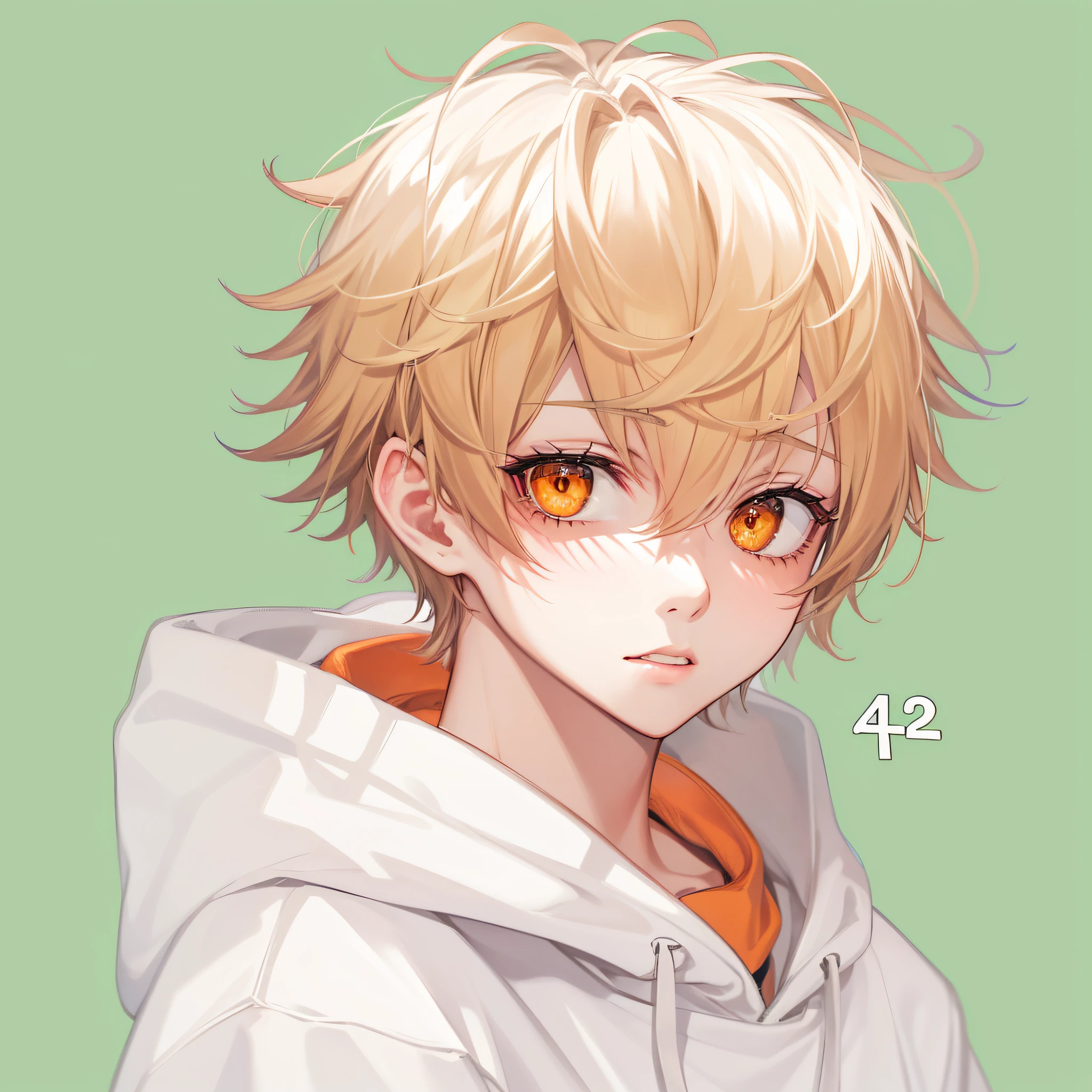 Upper body with a juvenile feel,16~20-year-old male,Wear a white sweatshirt,sideface,Smart amber pupils