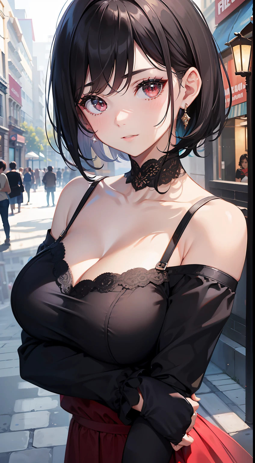 one-girl，Off-the-shoulder attire，beautiful decollete，Close-up，little breast，cleavage，Bust photo，looks into camera，sportrait，with short black hair，Be red in the face，City streets