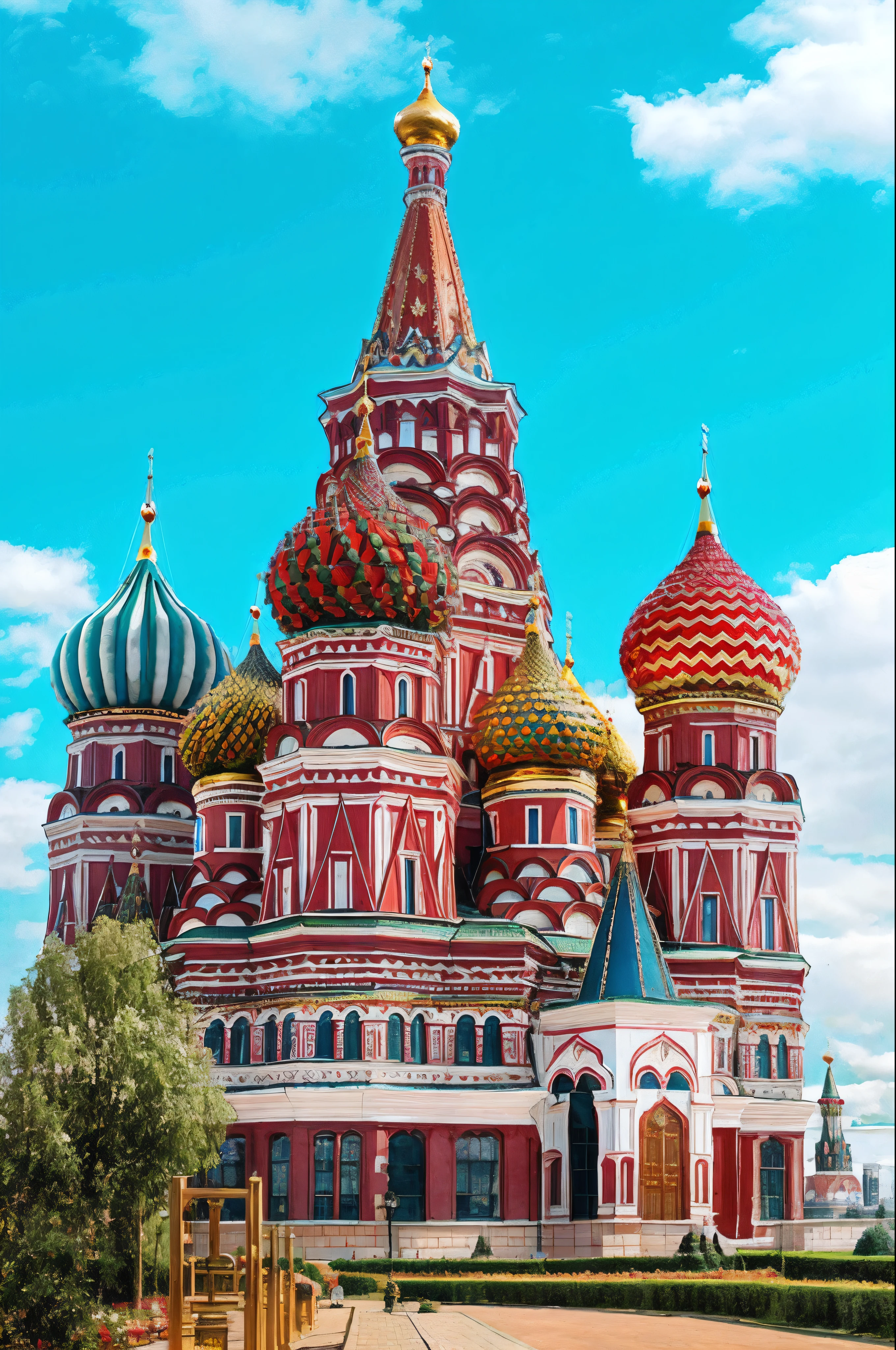 A building designed by Alafei，Red and white roofs and yellow domes, Russian architecture, Russian temple, moscow, red square moscow, red square, It has huge domes and arches, Russia, Kremlin, Forrest's huge cathedral, colourful biomorphic temple, moscow kremlin, Old Russian architecture, Colorful architecture, traditional russia, domes, imperial russia