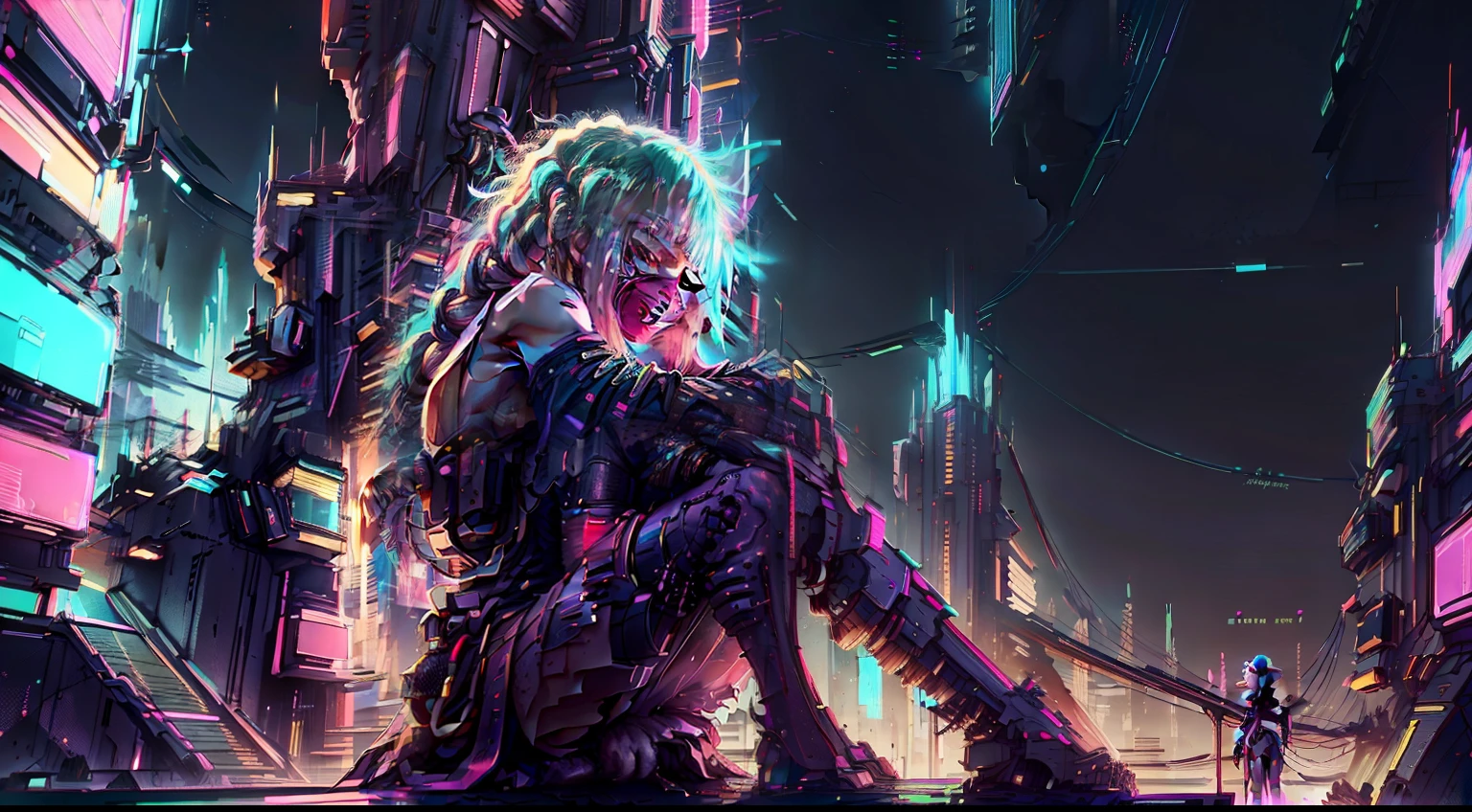 Cyberpunk female sitting on roof top, cyberpunk japanese city, vaporwave dark city and neon lights. Female is dressed in futuristic clothing with long dreadlocks, dreadlocked hair. Dynamic pose. Background has mountains and stars and moon in sky