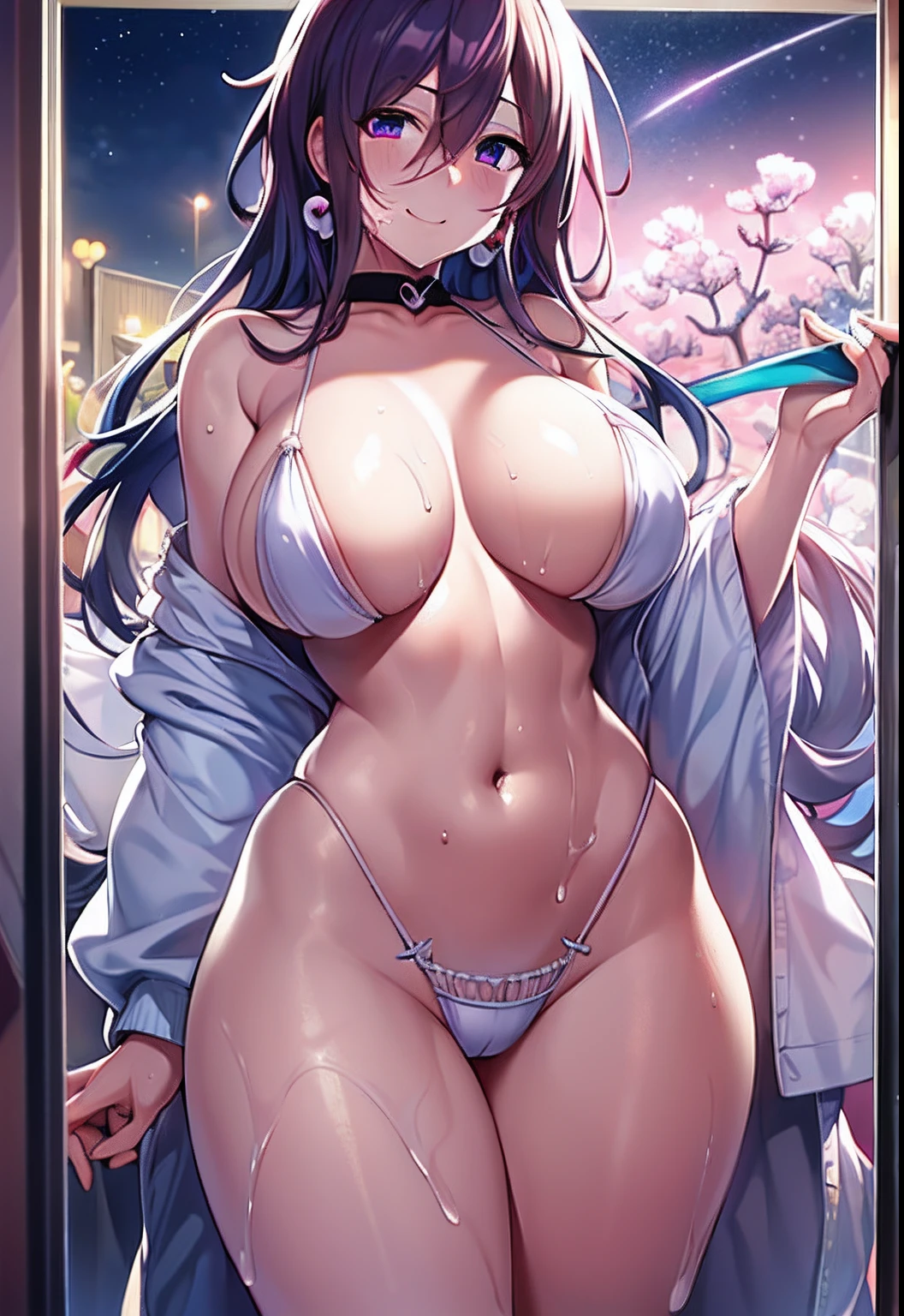 top-quality、Highly detailed anime super detail、masterpiece、tre anatomically correct、Detailed hand、(Mother 1.6)、Crescent、skyrocket、mid night、8K、Upper line、huge-breasted、thighs thighs thighs thighs、cold sweat、Sweat profusely、Friendly face、Stuffiness、(Yukata figure:1.6)、Moisturizing skin、(Drenched body:1.3)、Detail Eye、NSFW、Best Earrings、Stuffiness、Lustrous hair、A smile、Streaks in the crotch、Frontal view、