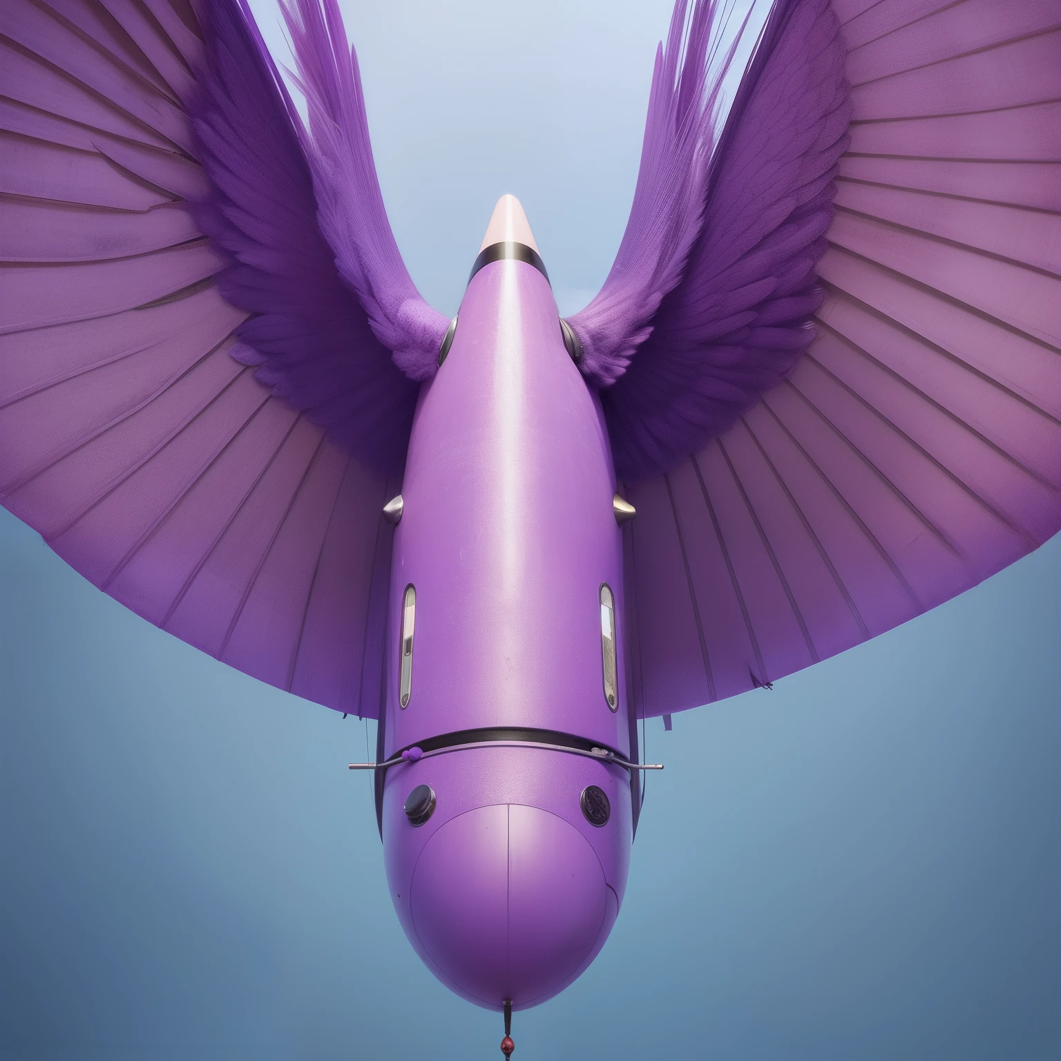 Flying penis, wings, jet motors, long shaft with portholes, purple head, long hanging balls in a sack with hair, pubic hair
