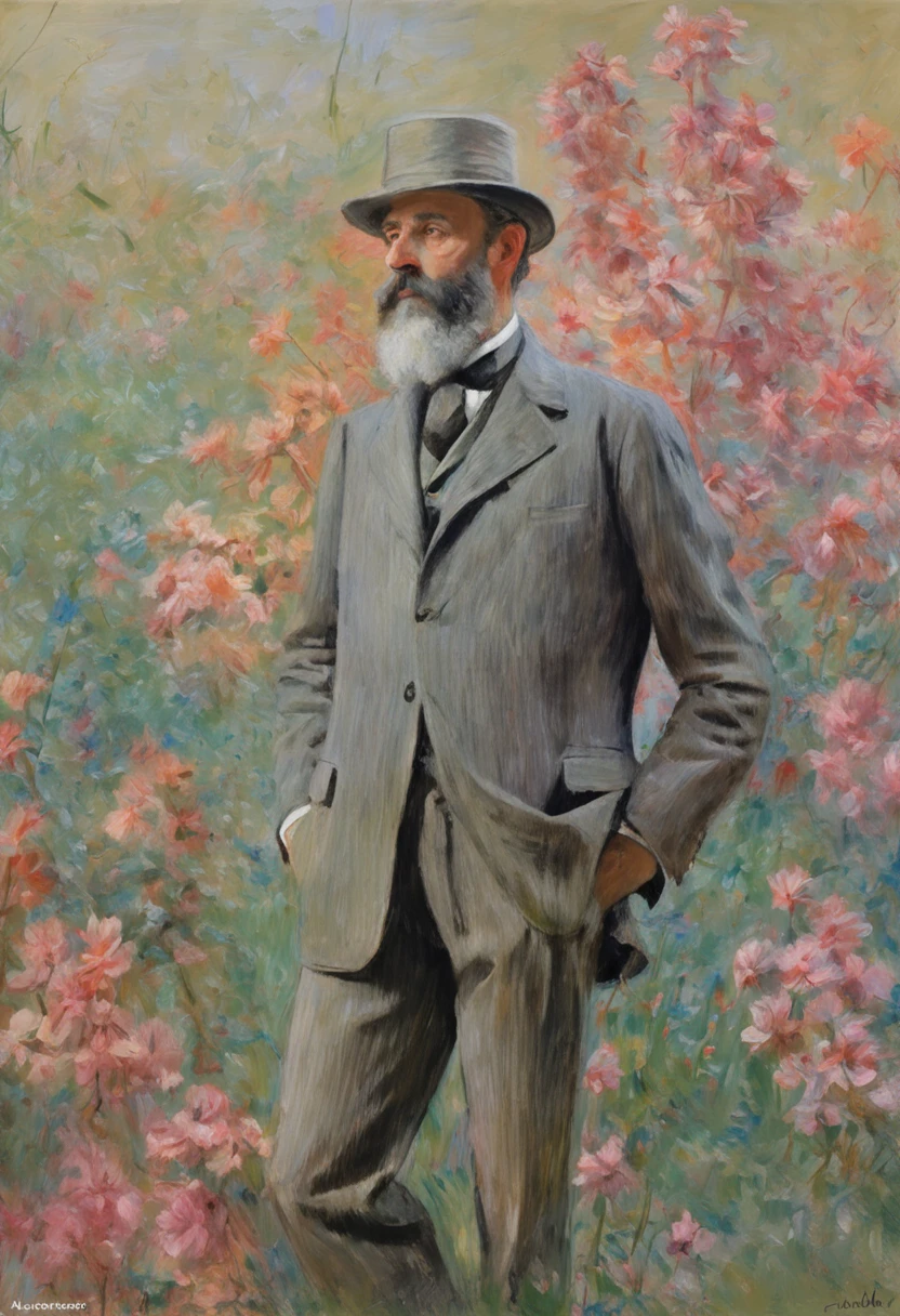 author:Claude Monet, author:Claude Monet, Claude Monet), Monet paintings, Monet style, author:Monet, Impressionist art, Monet style, Monet painted, author:Blanche Hoscheid Monet, Impressionist style, Charles S...., impressionist drawing, French Impressionism, Claude Monet style, impressionist drawing, Impressionistic style, impressionist drawing,Allad man in suit stands with his arms crossed, grey suit, distant full body view, 3 / 4 Back, standing elegant pose, high quality suit, doing an elegant pose over you, centered full body rear-shot, subject detail: wear suit, full height view, Business suit, Man standing, highly professionally detailed