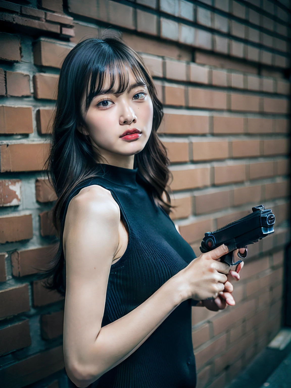 masterpiece、(8K, Raw photo, Best Quality), Dramatic,(Realistic, Photorealsitic:1.5)、One beautiful daughter、High school students、17 only、Female sexy、(Holding a handgun:1.5)、(Japanese:1.0)、(makeup:1.0)、(angry:1.0)、Wavy Hair、(wearing a black bodysuit:1.2)、Deep in the dark night、No lighting、(Leaning against a brick wall:1.2)、slender、Breasts are big、Constriction of the lower back