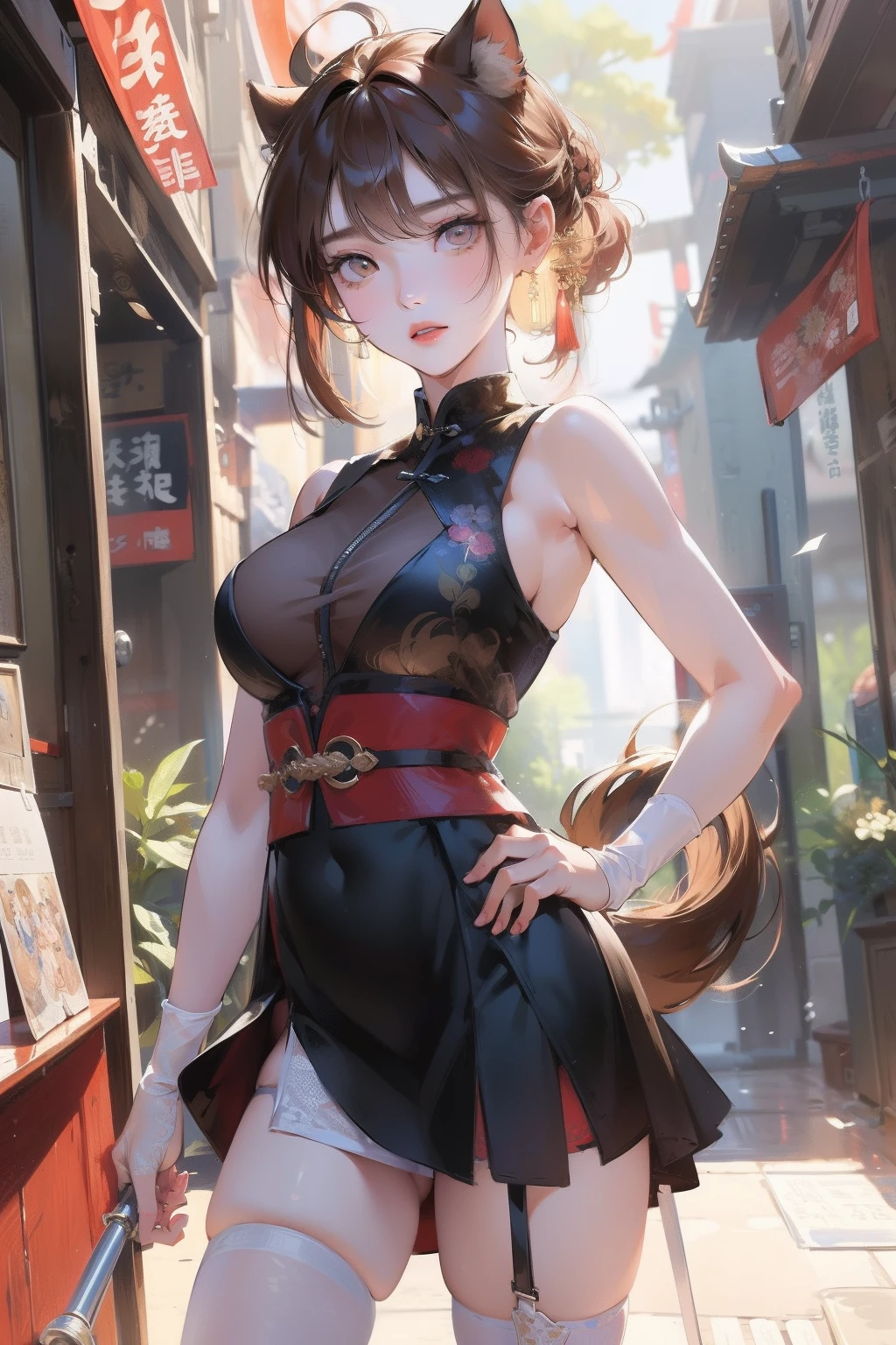 (masterpiece), (Highest quality), (Very detailed), Intricate details, 1 girl, alone, Red eyes, Red Hair, short hair, Hair Bun, Medium breath, Fingerless gloves, Purple Chinese Dress , short boots,(Outdoor), photo shoot, smile, blush, sunny, Browsing Caution, Chinese boxing, Blurred Background, Street background, information, Glamorous figure, Big breasts