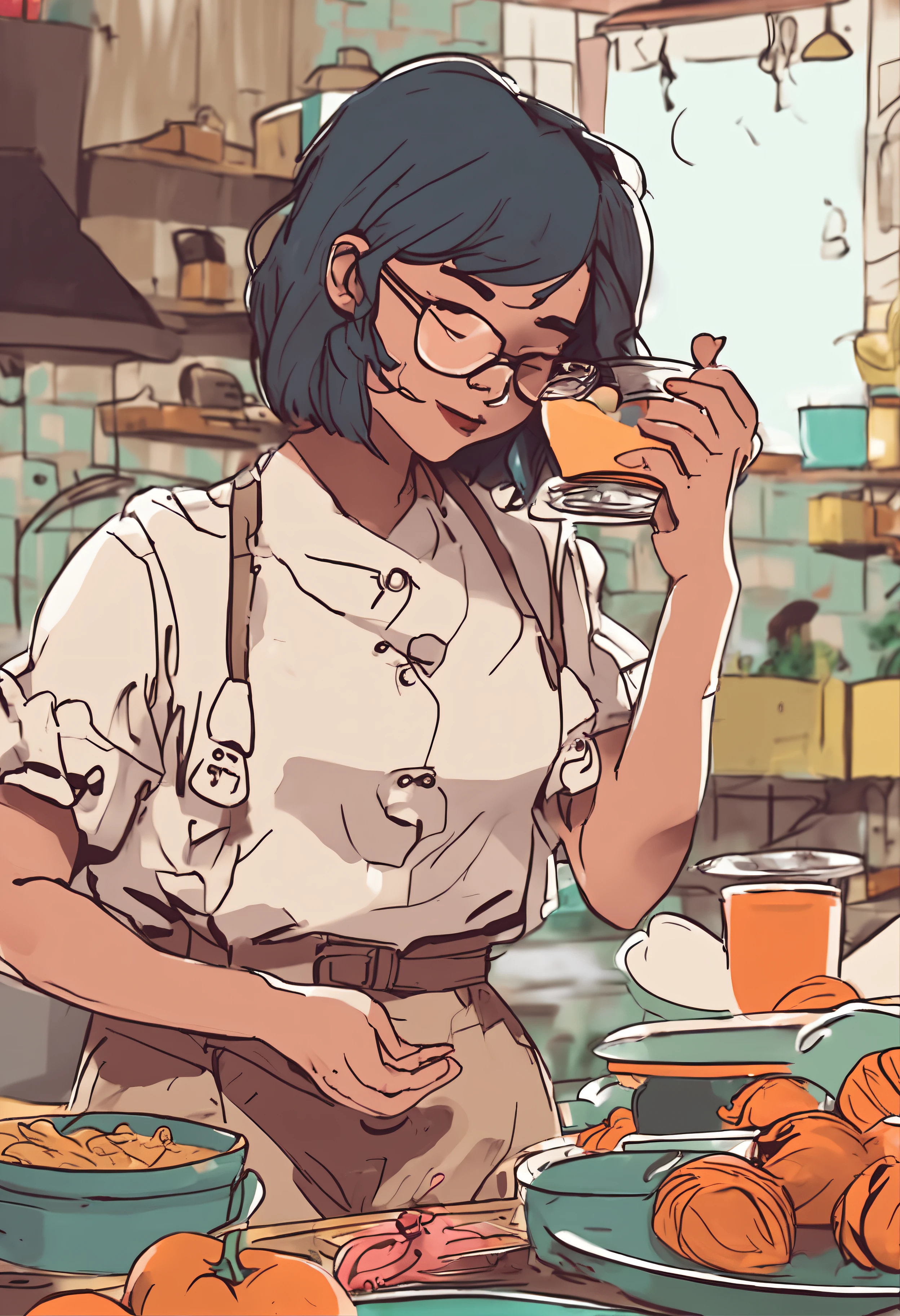Girl with glasses in the kitchen, slightly fat big breasts, face round, Short hair, Surrounded by food, lofi-girl, Cartoony, Cute drawing style