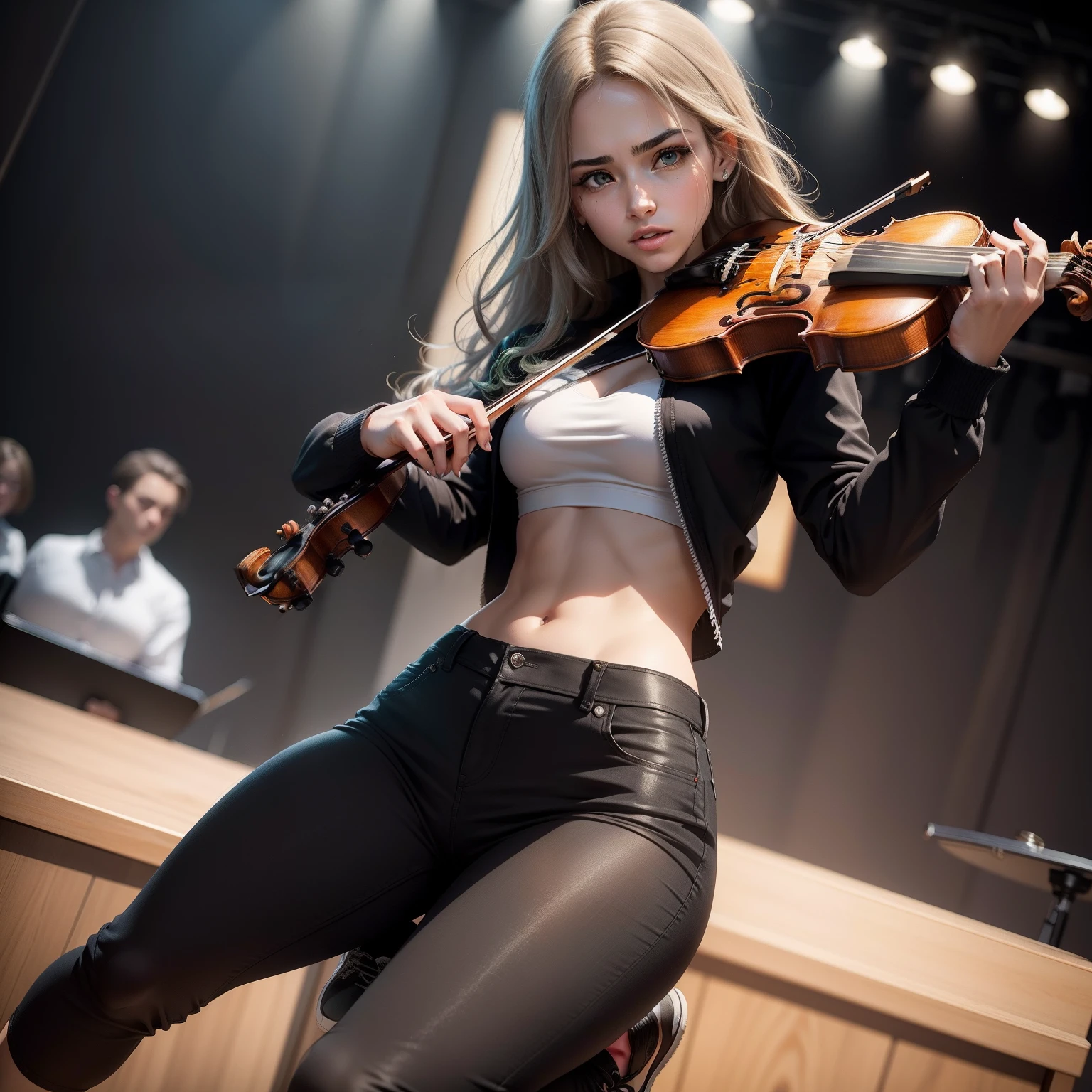 Por favor, Generate a description from above, full hd, detalhes no rosto, of a female character standing playing the violin. She is a talented 25-year-old violinist, com cabelos castanhos compridos e olhos verdes expressivos. She has a modest and professional appearance, usando roupas fechadas e sem sensualidade. Ela veste uma blusa de mangas compridas em tom neutro, black pants and closed shoes. His posture is elegant and concentrated, com os ombros retos e olhos fixos nas partituras. His expression is serene and passionate about the music he plays. Por favor, descreva-a com detalhes, emphasizing a look suitable for a respectable and professional musical performance, without any sensual connotation.