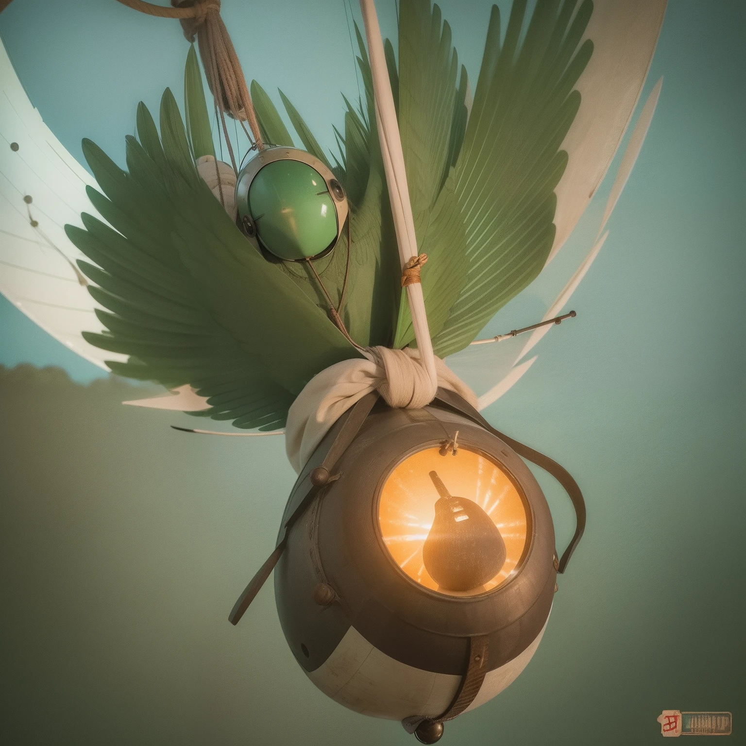 Flying penis, wings, jet motors, long shaft with portholes, green head, long hanging balls in a sack with hair, pubic hair