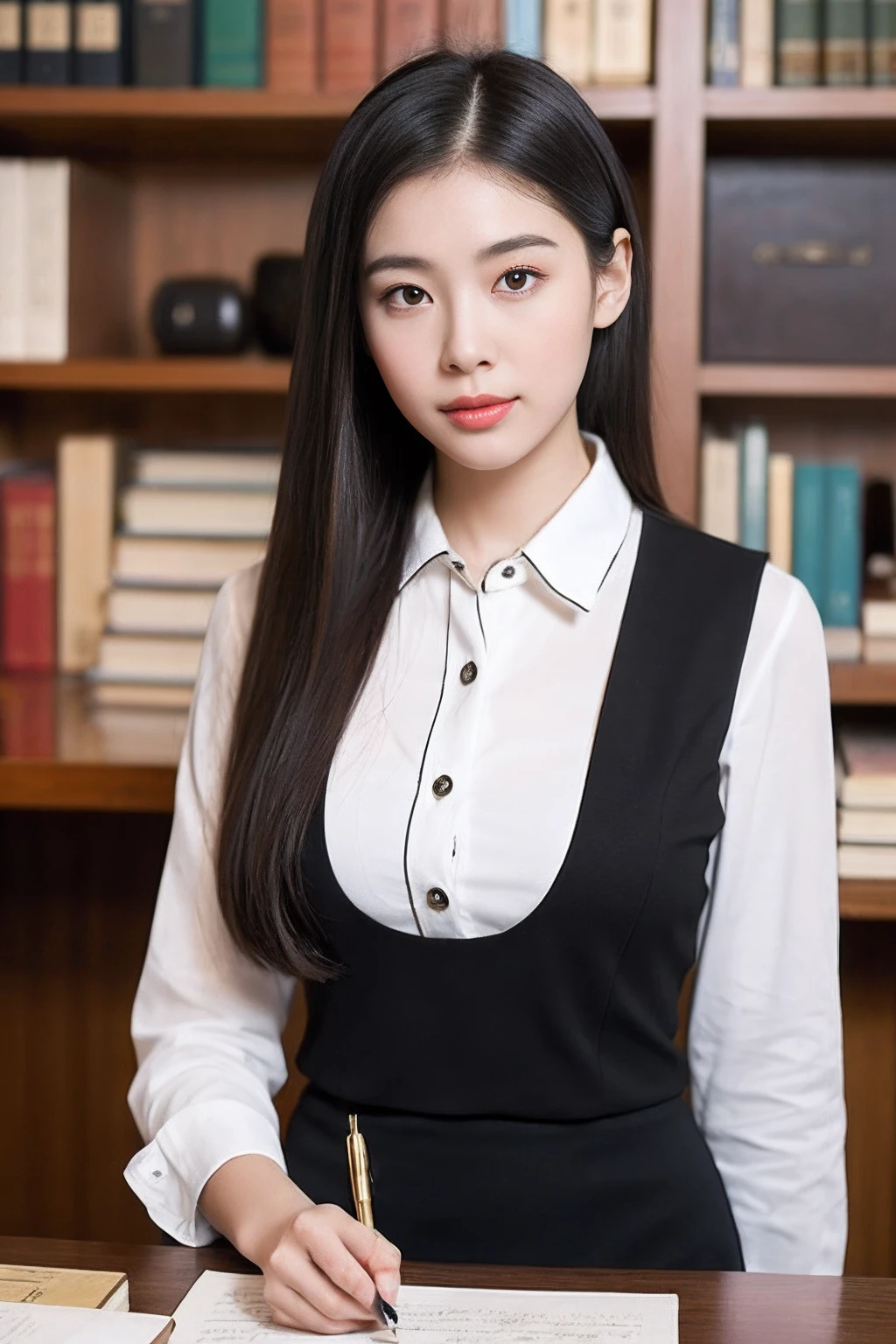 (RAW photogr:1.2),The highest quality, 超高分辨率, A 30-year-old woman in the study:She has an intellectual and elegant temperament,With a low ponytail,Wear a white shirt and a black pencil skirt,Wear a pair of high heels on your feet。She sat at her desk,A pen in his hand,Concentrate on writing,The study was piled with books and some decorations。。。,Create a tranquil learning atmosphere。
