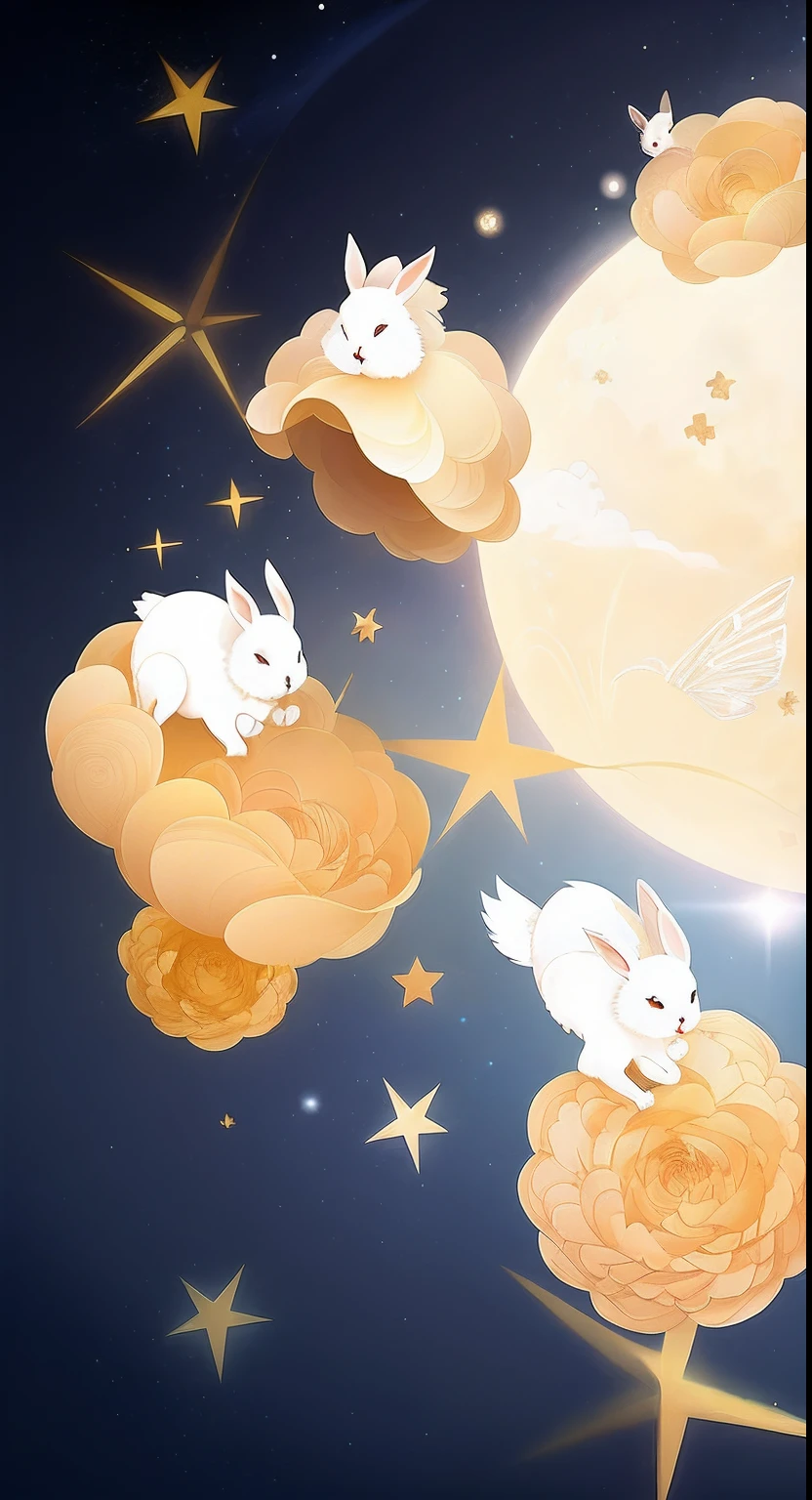 There are many white rabbits flying in the sky above the moon, lie on white clouds fairyland, A beautiful artwork illustration, dreamlike illustration, calm evening. Digital illustration, Cute detailed digital art, dreamy night, cute illustration, fairy tale style background, astral background, fantasy puffy sky, in the white clouds fairyland, celestial background, blurry and dreamy illustration。The background is the Mid-Autumn Festival，Business Retention，Give customers Mid-Autumn Festival gifts+Company customized greeting cards。The greeting card style wants to look high-class、Simple and atmospheric，No need for too many shades。There are heads and tails，The obverse is the motif motif，On the reverse side, there is a unified greeting card copy