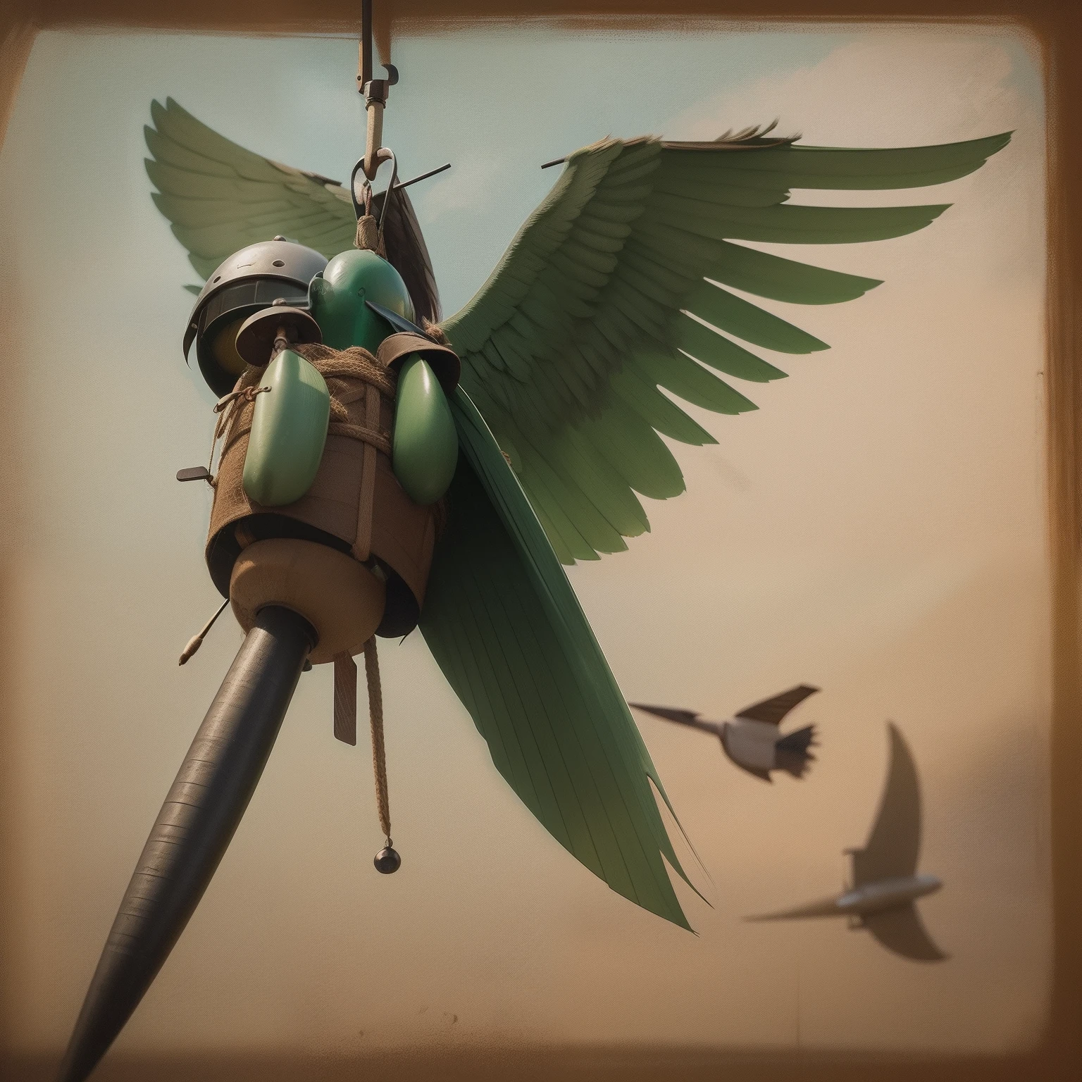 Flying penis, wings, jet motors, long shaft with portholes, green head, long hanging balls in a sack with hair, pubic hair