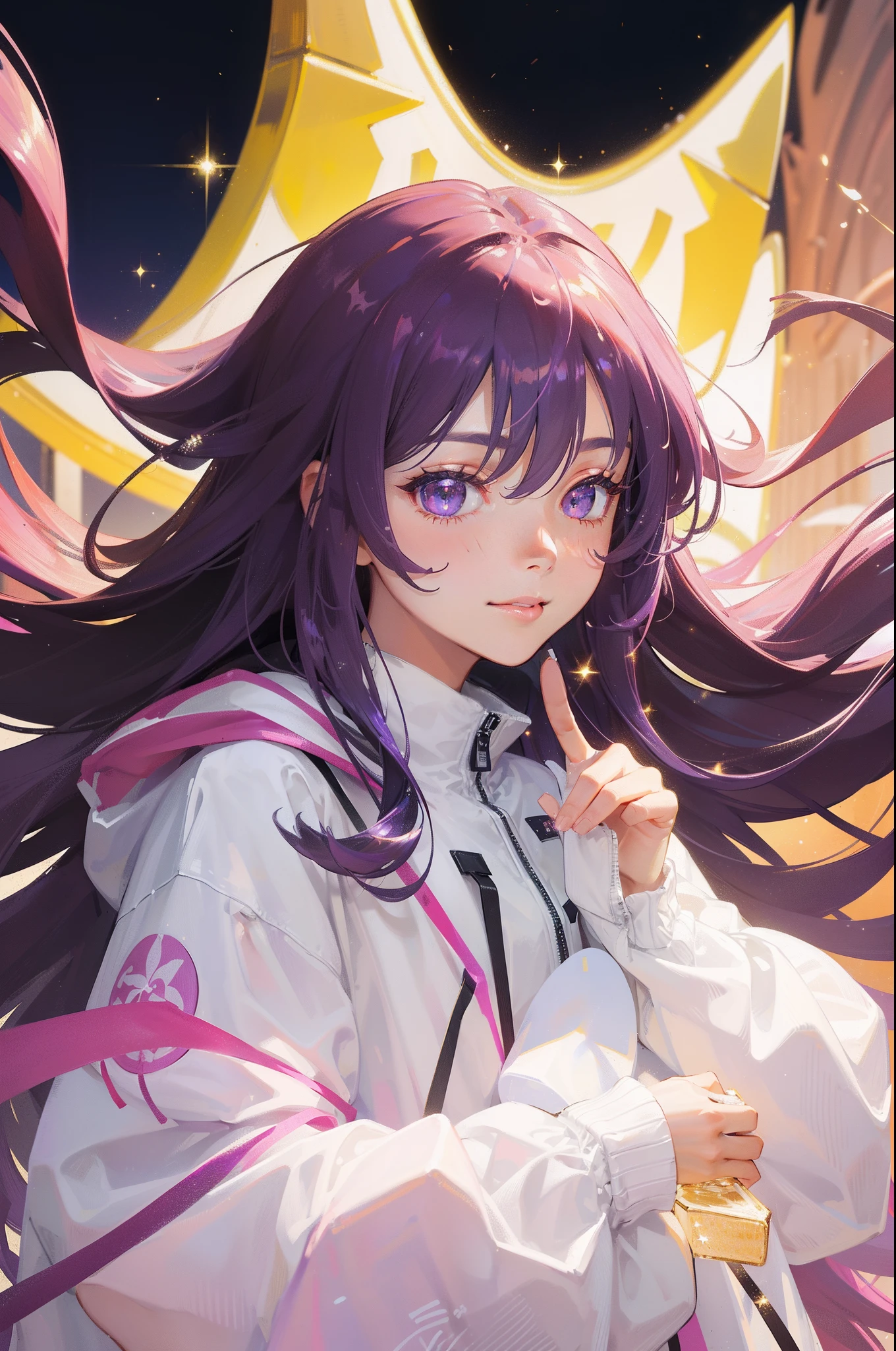 masterpiece, best quality, beautiful detailed hair detailed face, perfect feminine face, big almond-shape eyes, smile, happy, a beautiful and cute girl with sparkling and glowing purple hair, oversized hoodie jacket wearing, jackets, long sleeves, (close-up potrait:1.2), floating hair by wind, (sparkle particle), lens flare, sharp focus, volumetric lighting