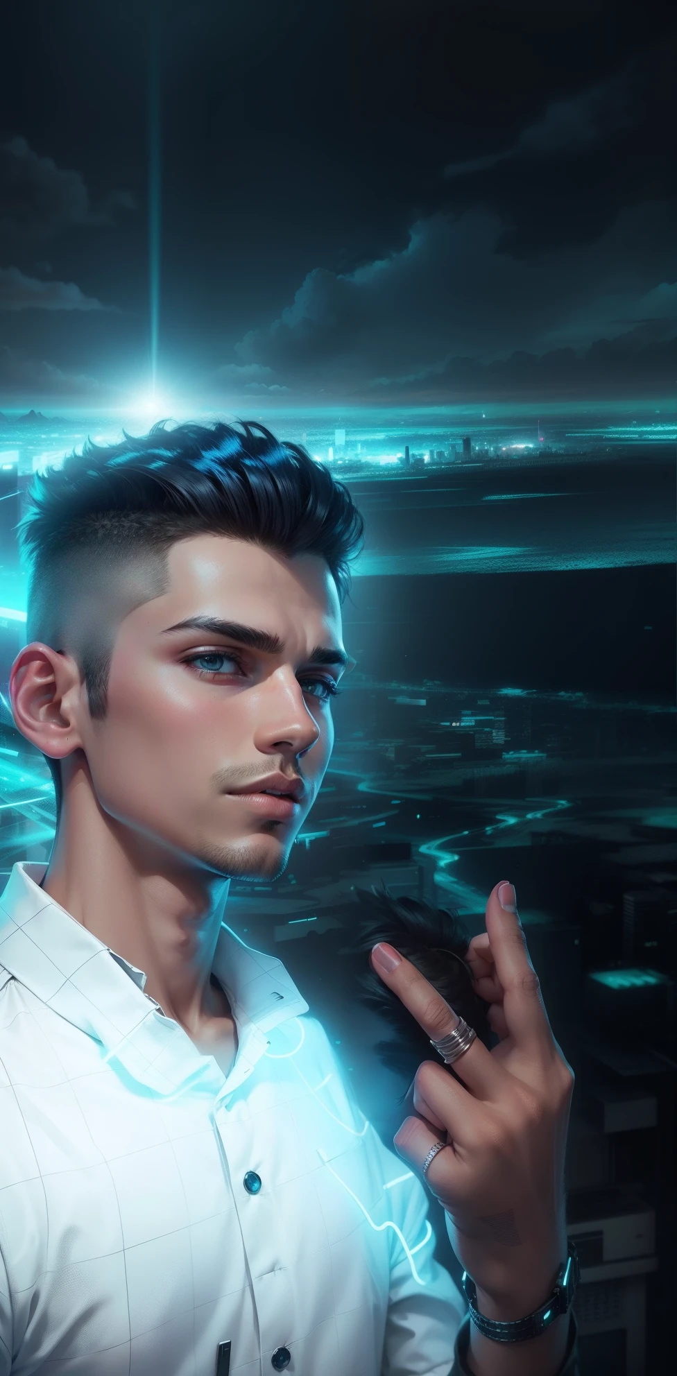 Neon city background, stylish hairstyle, boy, handsome boy, 4k ultra hd