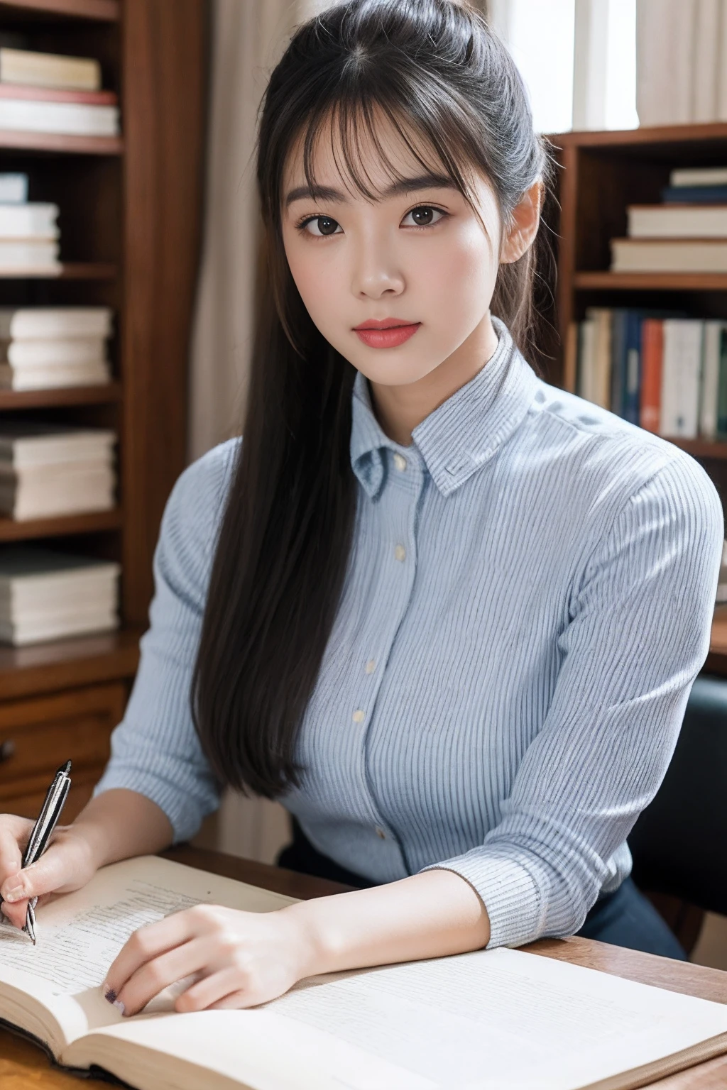 (RAW photogr:1.2),The highest quality, 超高分辨率, A 30-year-old woman in the study：She has an intellectual and elegant temperament，With a low ponytail，Wear a white shirt and a black pencil skirt，Wear a pair of high heels on your feet。She sat at her desk，A pen in his hand，Concentrate on writing，The study was piled with books and some decorations。。。。，Create a tranquil learning atmosphere。