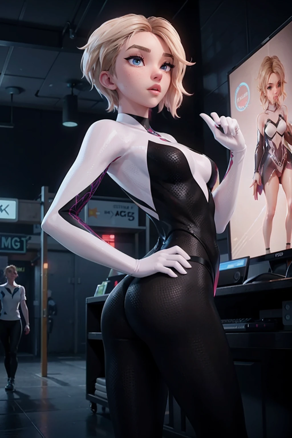 Gwen Alanya, organic looking clothing ( transparency)  Organic clothing venom symbiont, fine art, PS5 movie screenshot, Highly detailed movie rendering, Raytricing ultra fotorrealista | |, With cinematic lighting, (Natural pointed breasts:1.2), Wide buttocks correct anatomy.