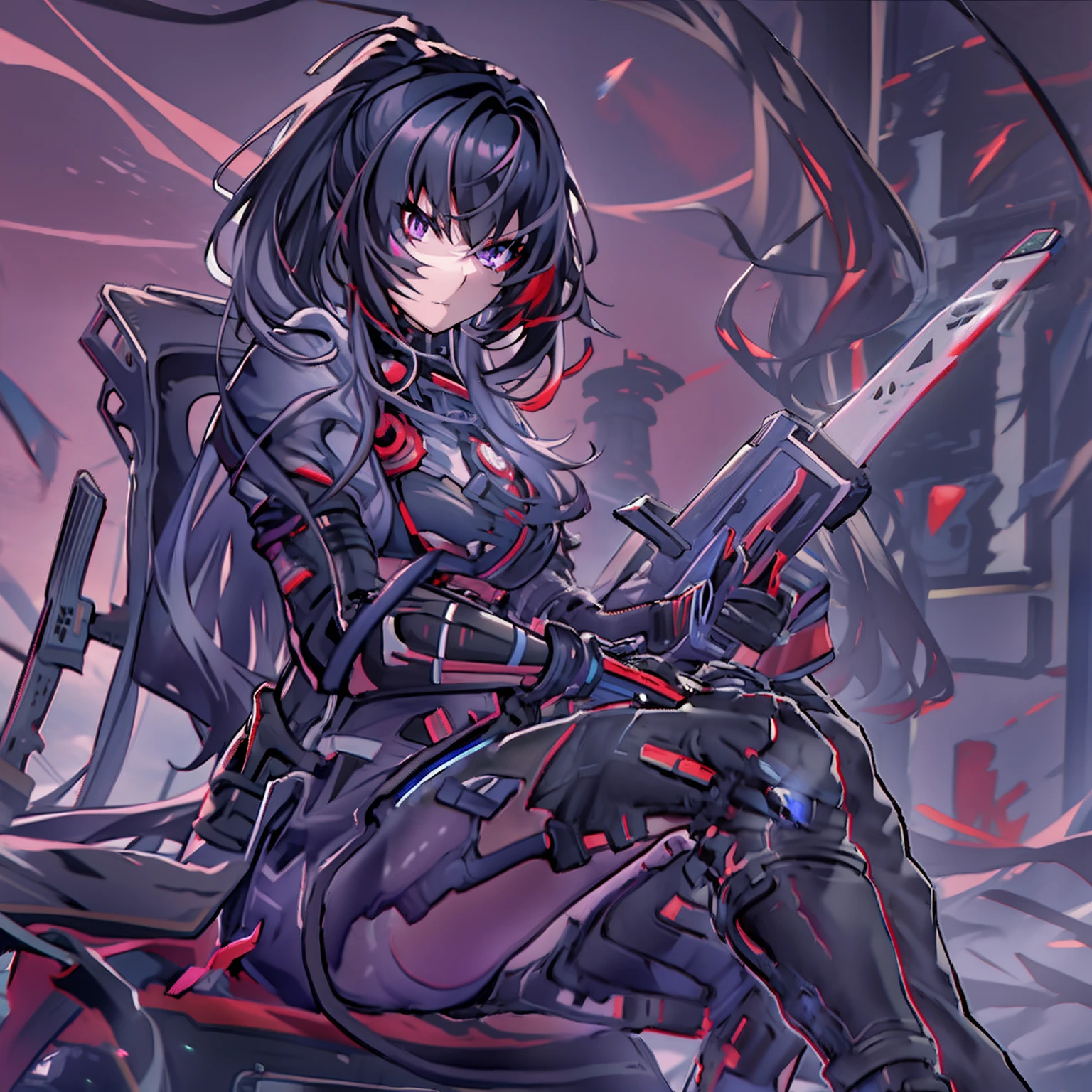 anime girl with black hair and purple eyes holding a sword and gun, cyborg - girl with black hair, sci fi, angry, evil, wearing battle mask, full armor, sit on the chair, the place dark.