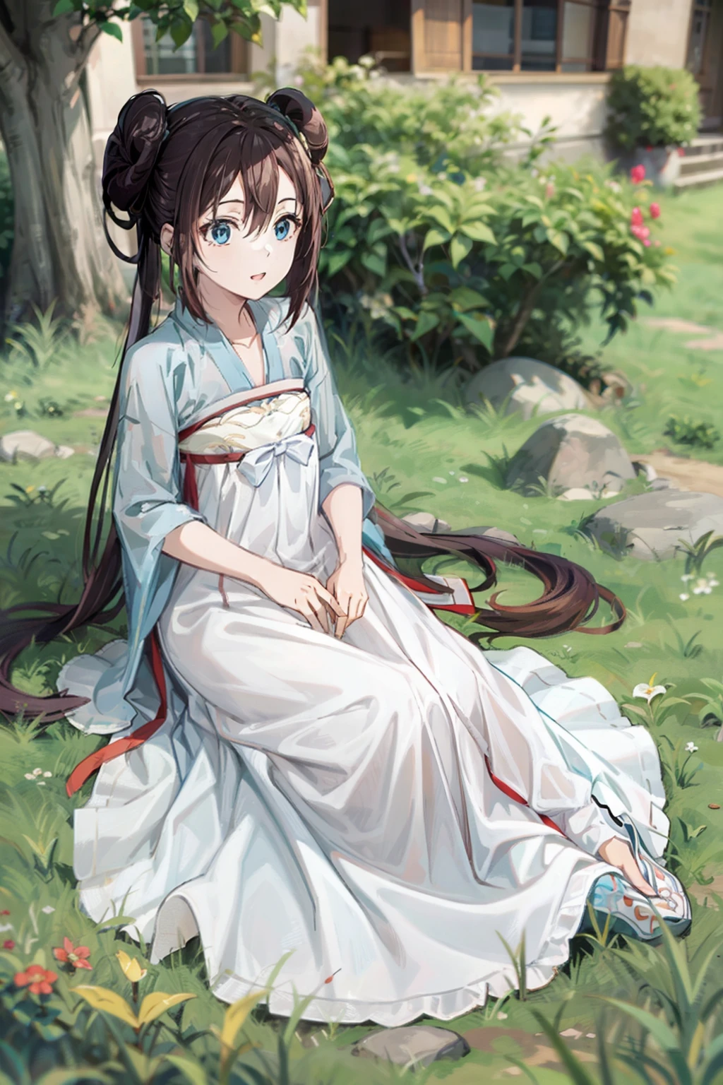 ro1, hair bun, twintails, long hair, blue eyes:1.5, hanfu, tang style, full body, sitting on ground, perfect eyes:1.2, detailed eyes:1.4, masterpiece, best quality,