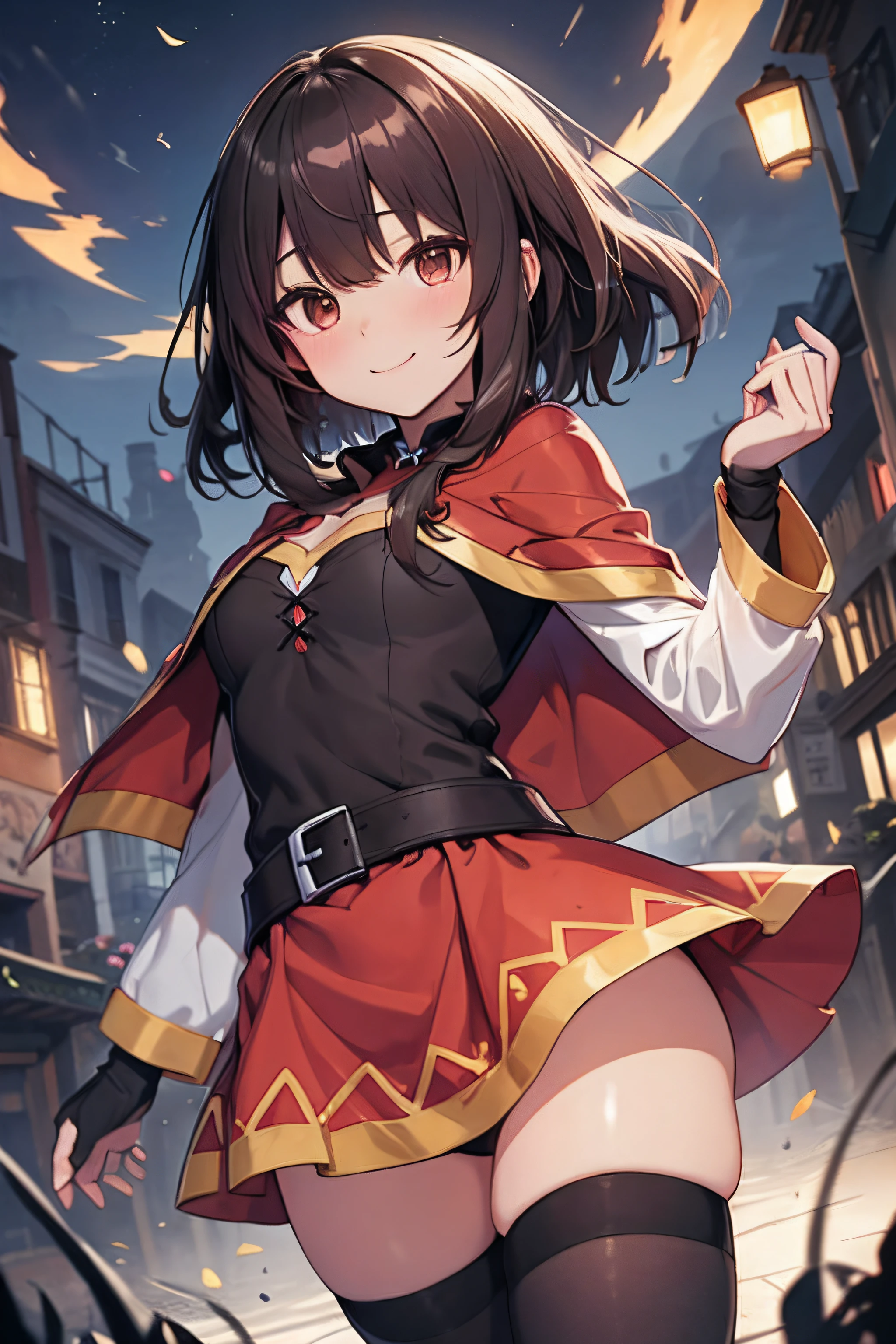 Megumin, Mago loco, 1 girl, solamente, bruja tiene, brown hair, PELO LARGO Y CORTO, ojos rojos, sonrojarse, sonrisa malvada, Gargantilla negra, 鎖骨, pecho plano, vestido sin hombros, vestido rojo, brown cape, mangas largas, Guantes negros, Guantes sin dedos, brown belt, Adornos dorados, (Asymmetrical legs: 1.4), Legwear inigualable, (piernas vendadas: 1.3), muslos negros, (arms behind back: 1.3), Fondo simple, alta calidad, High resolution. ((al aire libre)), Axillary presentation,