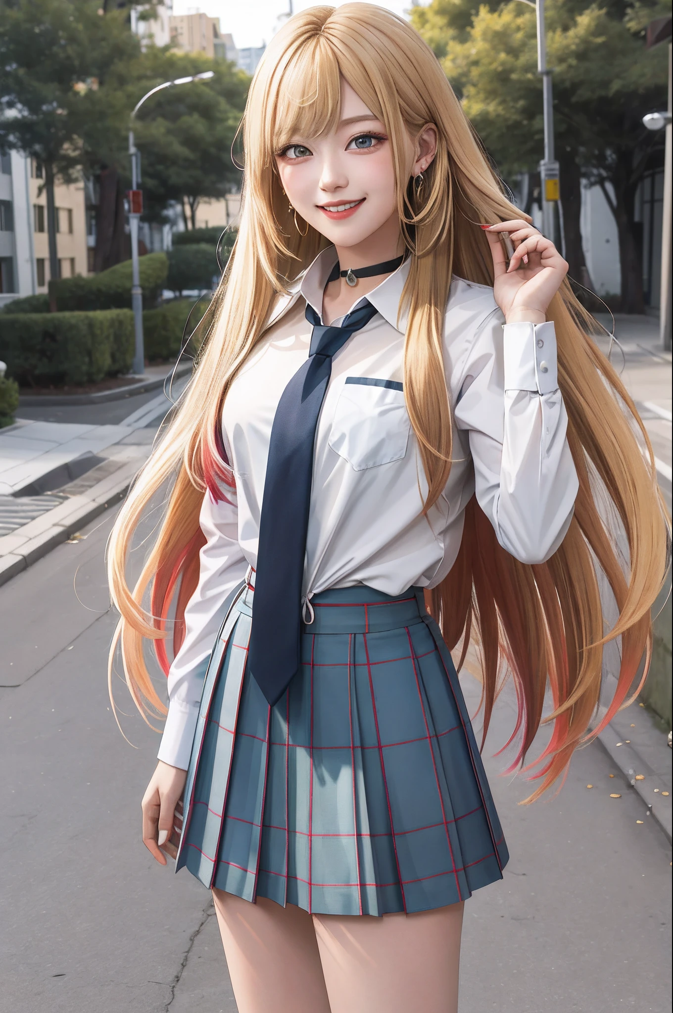 masterpiece, best quality, highres, kitagawa marin, 1girl, blonde hair, long hair, multicolored hair, red eyes, jewelry, earrings, piercing, school uniform, white shirt, tied shirt, black choker, blue necktie, plaid skirt, grin, standing, cowboy shot, outdoors,