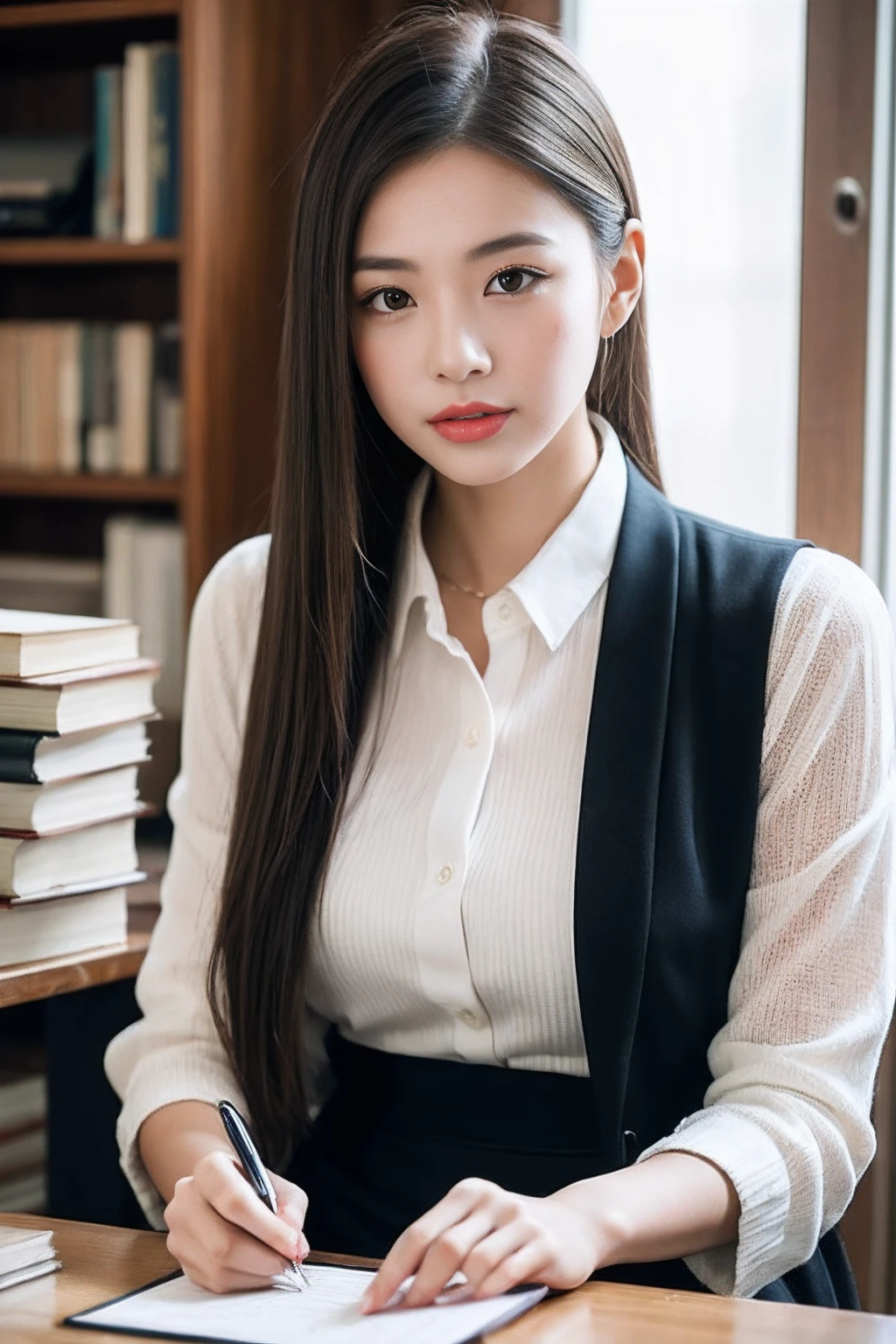 (RAW photogr:1.2),The highest quality, 超高分辨率, A 30-year-old woman in the study:She has an intellectual and elegant temperament,With a low ponytail,Wear a white shirt and a black pencil skirt,Wear a pair of high heels on your feet。She sat at her desk,A pen in his hand,Concentrate on writing,The study was piled with books and some decorations。。。。,Create a tranquil learning atmosphere。