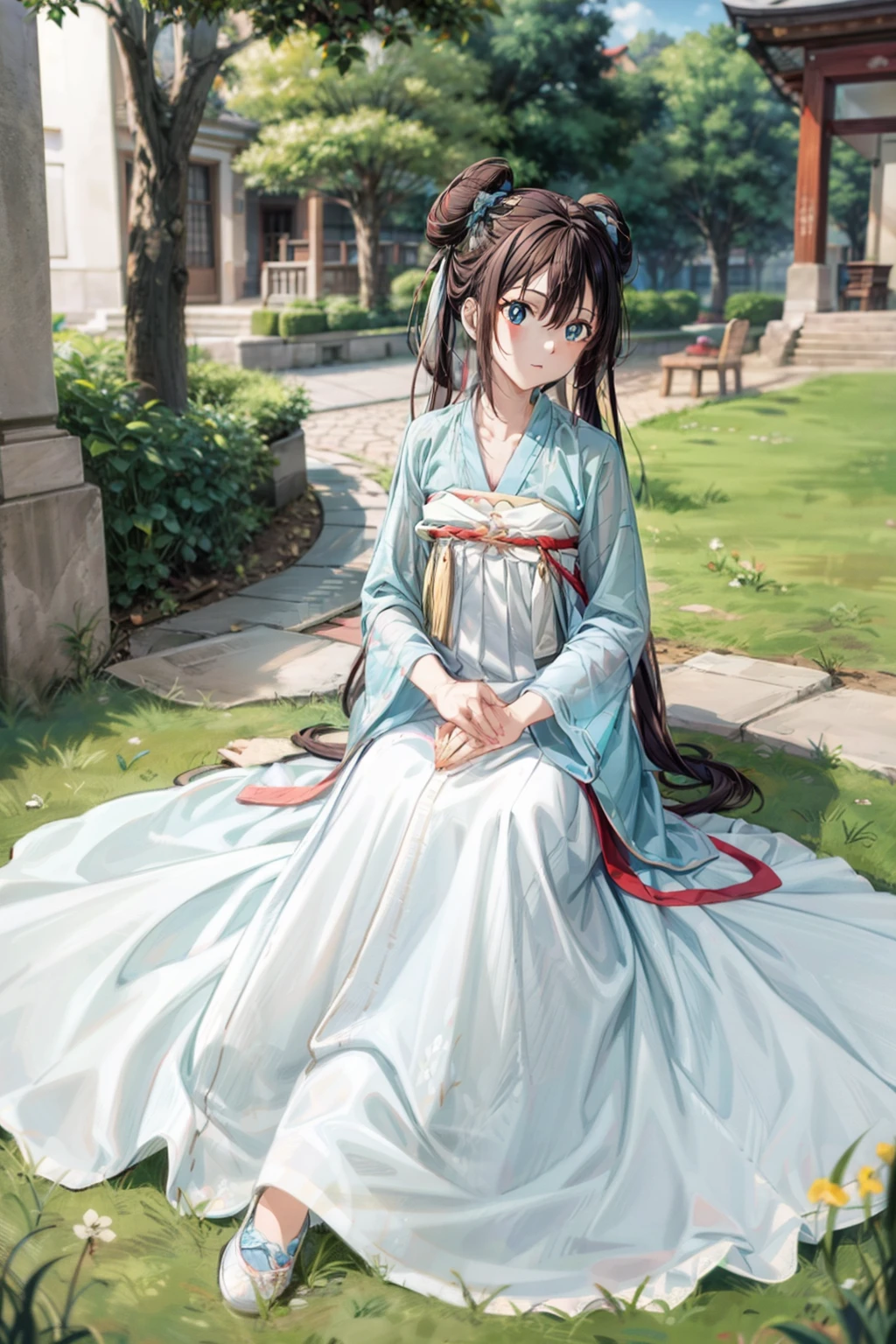 ro1, hair bun, twintails, long hair, blue eyes:1.5, hanfu, tang style, full body, sitting on ground, perfect eyes:1.2, detailed eyes:1.4, masterpiece, best quality,