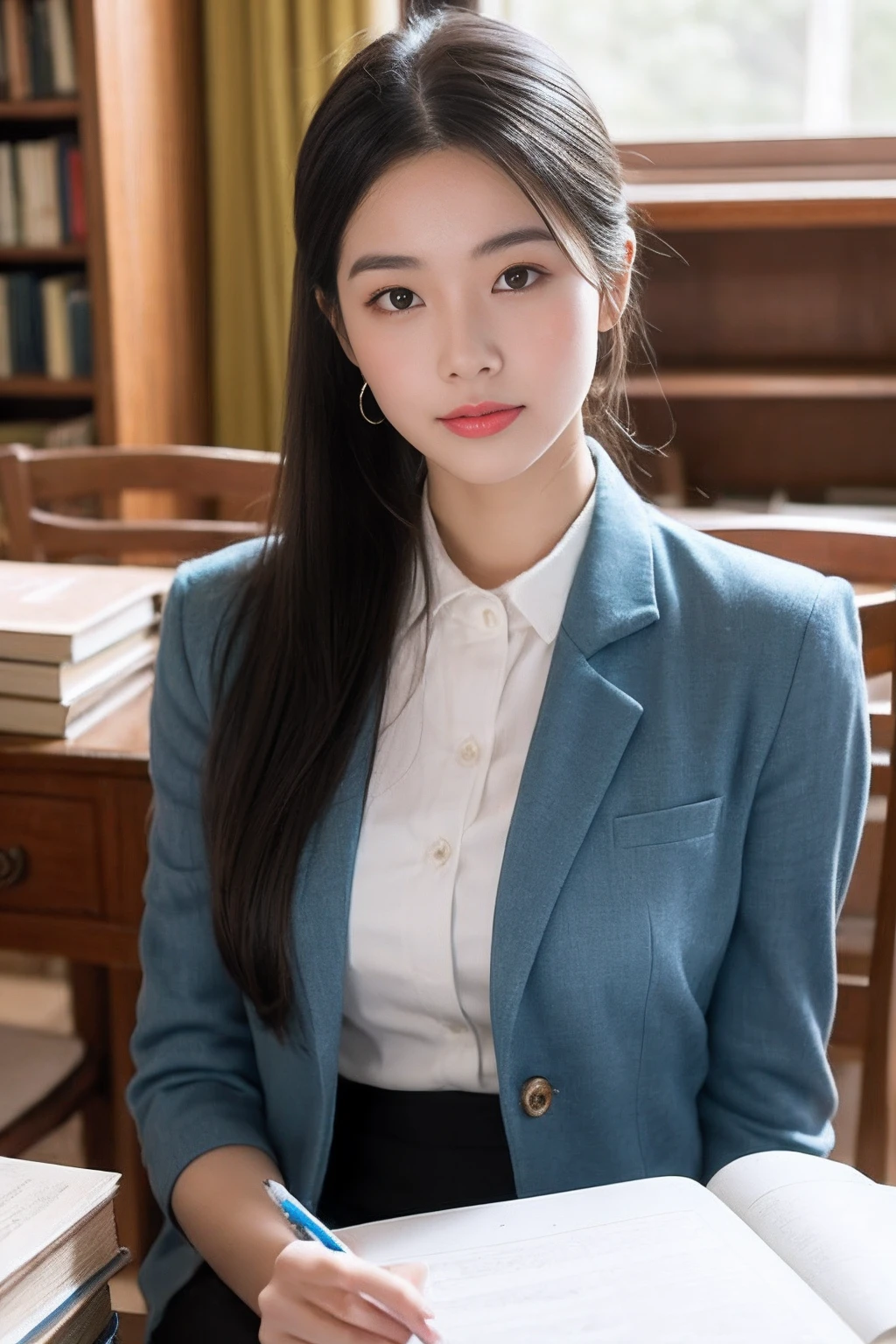 (RAW photogr:1.2),The highest quality, 超高分辨率, A 30-year-old woman in the study：She has an intellectual and elegant temperament，With a low ponytail，Wear a white shirt and a black pencil skirt，Wear a pair of high heels on your feet。She sat at her desk，A pen in his hand，Concentrate on writing，The study was piled with books and some decorations。。。。，Create a tranquil learning atmosphere。