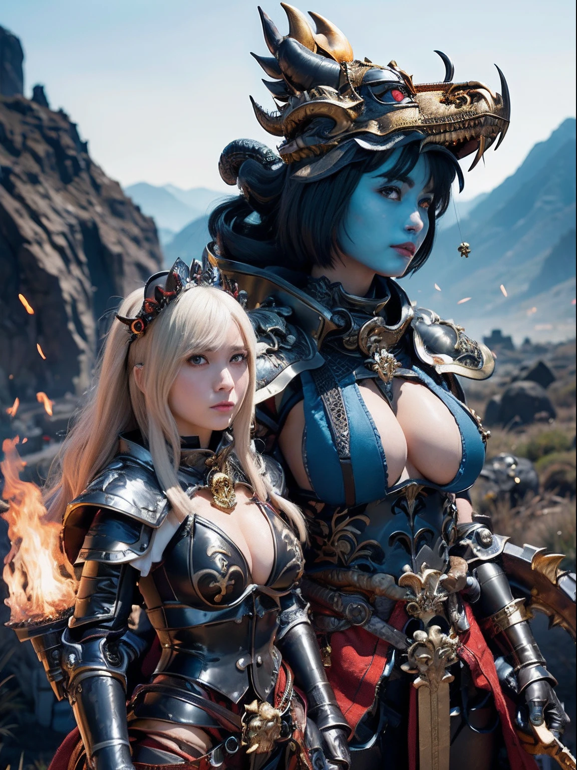 (masutepiece), Professional , masterpiece、top-quality、photos realistic , depth of fields 、(Dragon Black Metal Body:1.9),(Matte Blue Black、(cleavage of the breast)、Dragon Gold Weapon(Micro Bikini Armor:1.4),Gorgeous gold weapons ,(( Dragon's dense and gorgeous sword)) , (demonic wings) ,warhammer 40k , adepta sororitas,Detail and gorgeous crown、((a blond))、(Castle background)、((Gangle's forest background))、Beautiful Caucasian beauty、1a person、dynamic ungle,(((Detailed and ornate dragon helmet)))、Smaller head、A smile、Castle background、Thin and beautiful female hands、cleavage of the breast、Soldier in iron armor on background、Mystical expression、Light Effects、intense fighting、Wind-effect、magic circles、With the legendary magic wand、Dragon's tail、