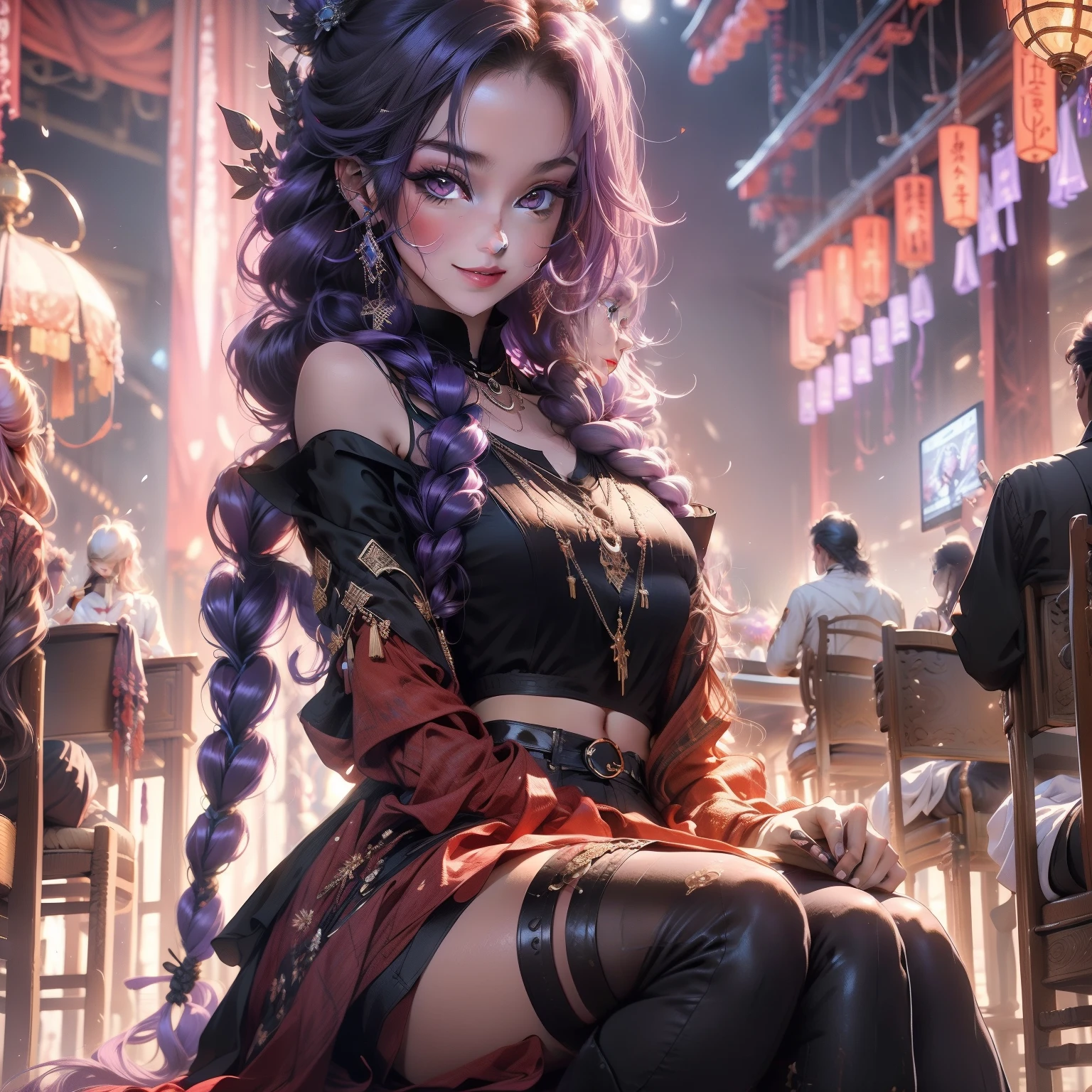 high-level image quality、​masterpiece、8K、detaileds、1 persons、独奏、20-year-old woman、One person on the screen、1,000,000 points Hara Salome、Princess、Mature girl、Light purple hair、very large amount of hair、Parting the middle bangs、Looks like a forehead、、Bangs are 7/3.、Super long hair、Braids、curl hair、Long curled hair hanging over both shoulders、The hair that hangs over both shoulders is super long、Hair curls like a drill、Black headband、Small purple ribbon on the right、Hair up to the waist、Hair is very long and straight、Curl your back hair、cuticle、Nice、Princess、Full body like、Dark purple eyes、Contemptuous gaze、tthin eyebrows、drooing eyes、Friendly look、Sharp eyes、Cheerful smile、huge smile、Fluffy smile、Medium soft breasted、Clothing that emphasizes the chest、Gothic Lolita Fashion、Skirts with a lot of frills、Black panties are visible、Mature girl、Pichi Pichi clothes、Clothes with ribbons、 Sheer 、 stand、Pubic hair soothing、full of sweat、perspiring、、Raise your hands up、Grab your head with both hands、Cross your legs、Cross your legs、sit a chair、A high chair that sits shallowly on a chair、、The gaze is watching the viewing、closes mouth、Do not show your teeth、High laughter、Smile generously、Lying on the floor、in a house、mansion、rich man、Rich、a gorgeous、noble、Night、excited、Ecstatic look、Imarathion、