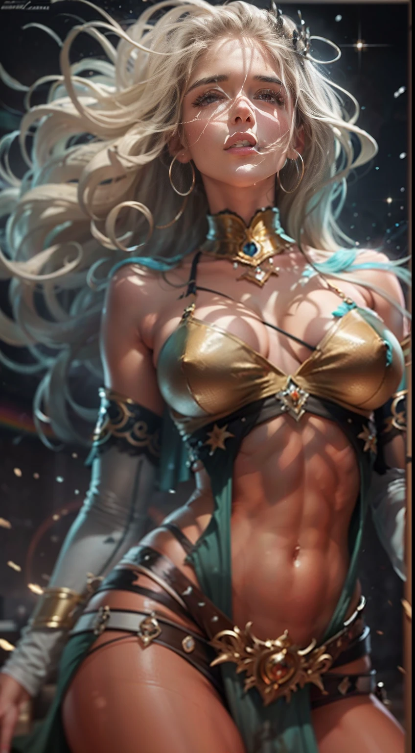 She is a legend, a hybrid of two races that rarely mix. She has the best of both worlds, a fusion of beauty and strength.
Her upper body is that of a human woman, with delicate features and long hair. Her skin is smooth and flawless, her eyes are bright and piercing. Her chest is ample and round, her waist is slender and curved, her legs are long and shapely. She wears a simple tunic that hardly covers her, and her arms, thighs, and, and shoulders are bare.
They glow with an ethereal radiance, reflecting the colors of the cosmos. They are flexible and agile, capable of soaring through the sky at incredible speeds. She wears a crown, a ring of neon that casts a rainbow over her head.
She is a sight to behold, a wonder to admire. She is majestic and magnificent, soft and sexy. She is like an angel, a fairy, a goddess. She is the ultimate fantasy warrior.
She poses for the camera, The lens zooms in on her face, her chest, her hips, her legs. It shows every detail of her body, every curve and contour. It shows the contrast between her light and dark parts. It shows the harmony and unity of her whole being,
She smiles at the camera, a gesture that conveys her confidence and charisma. She knows she is beautiful, she knows she is powerful. She knows she is unique, she knows she is special, by artgerm, trending on artstation