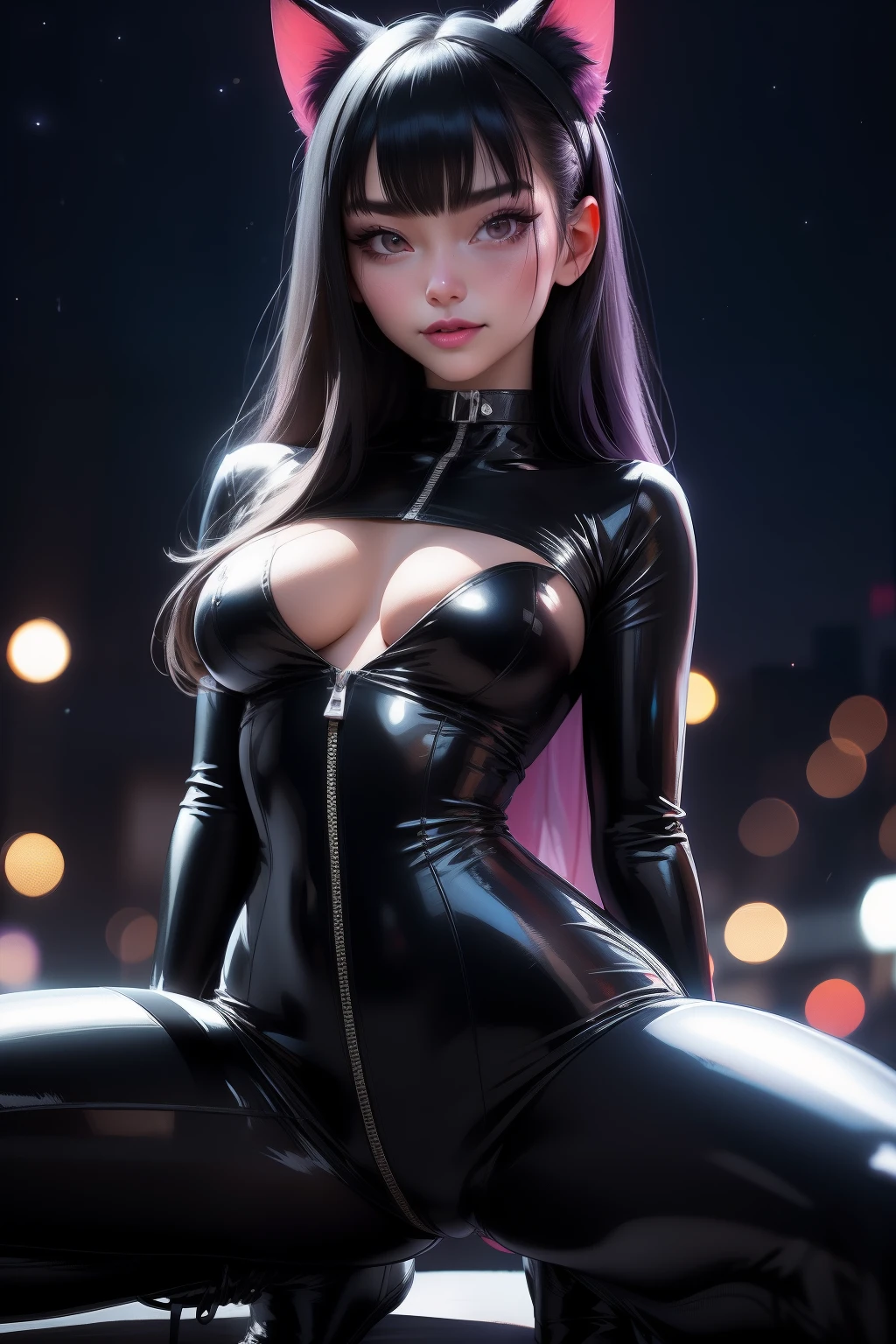 Edgar Bout_woman, ,Edgar Bout_Body, Edgar Bout_(cosplay costume), Edgar Bout_face, Latex cat set, Zip up, Smile, string choker, cat ear, ((Latex full body set)), (From below:0.65), (Exposing bare breasts:1.6), Small breasts, ((detailed areola)), Detailed pubic hair, Kneeling, posed for photo, spread their legs, Thin legs, Bokeh, Depth of field, intricately detailed background, En plein air, skyscrapper, (Night:1.6), Neon light, the roof, ((Masterpiece)), Best quality, absurderes, NSFW, photo-realistic, a Pretty Japanese woman, (Perfect detailed face), Detailed eyes, Detailed mouth, Detailed pale skin, Black hair, Fascinating, Seductive, Alluring, Mature face, bangs,