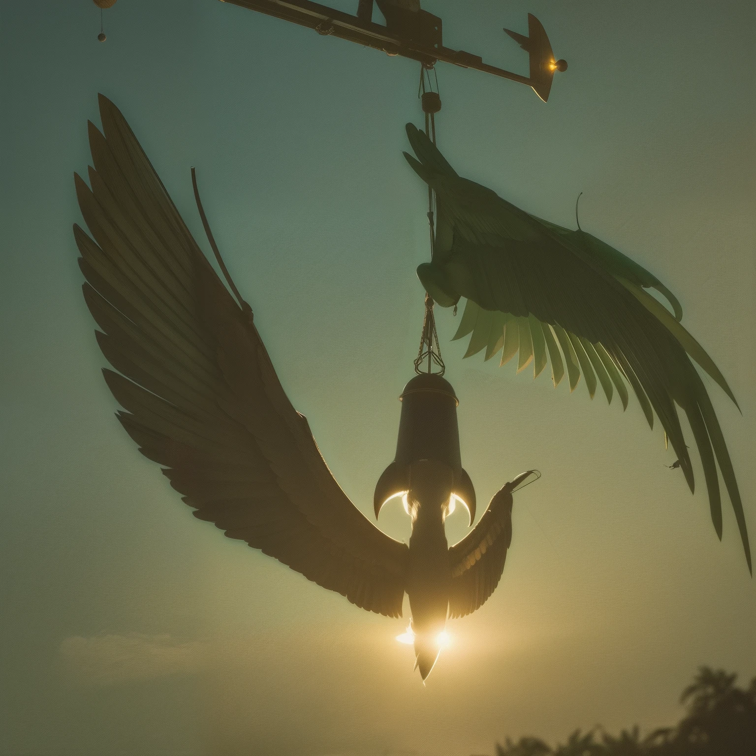 Flying penis, wings, jet motors, long shaft with portholes, green head, long hanging balls in a sack with hair, pubic hair