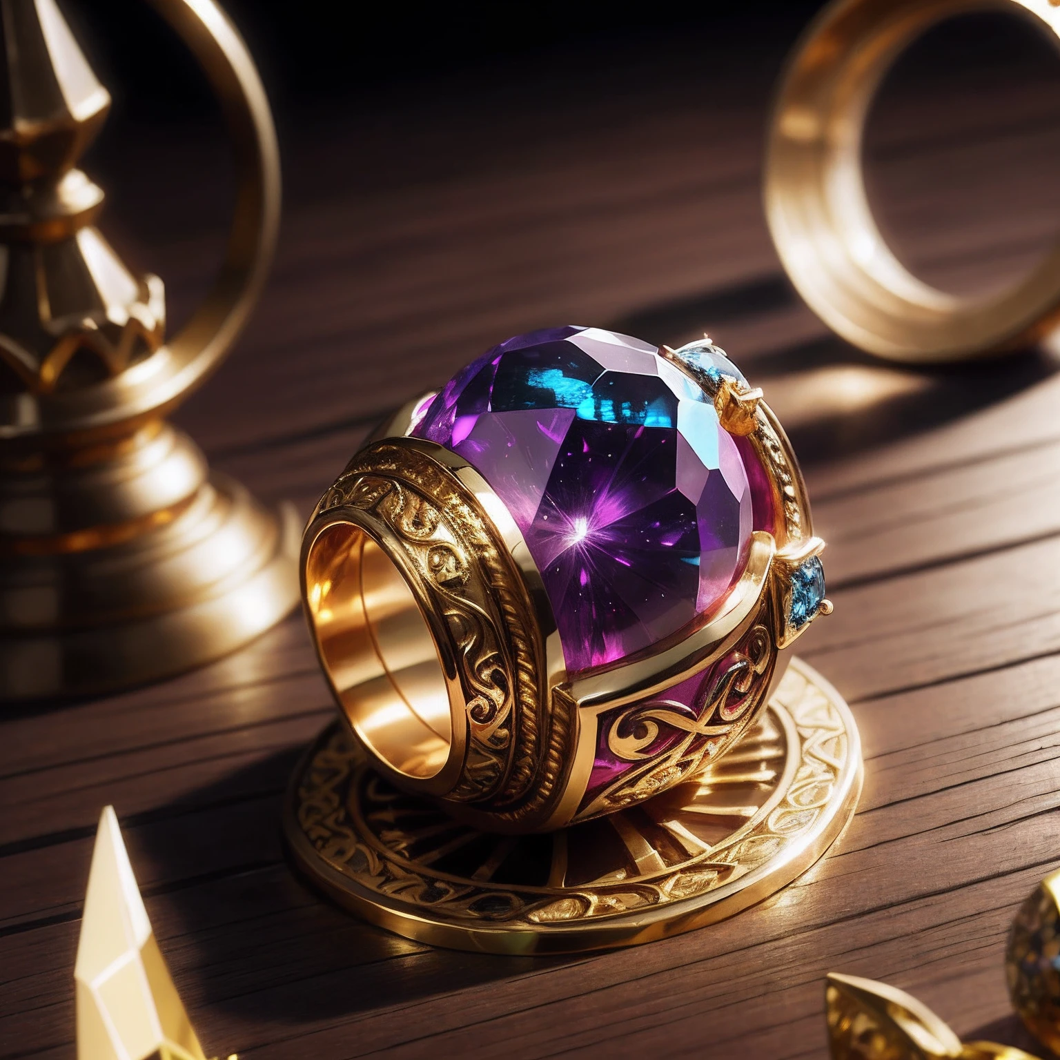 purple jewel on a table with other jewels, magical ring items, gemstones and gold, luxurious ornate golden jewelry, gemstones and treasures, magic ring of poison, masterpiece, ultra sharp, 8k, high detailed