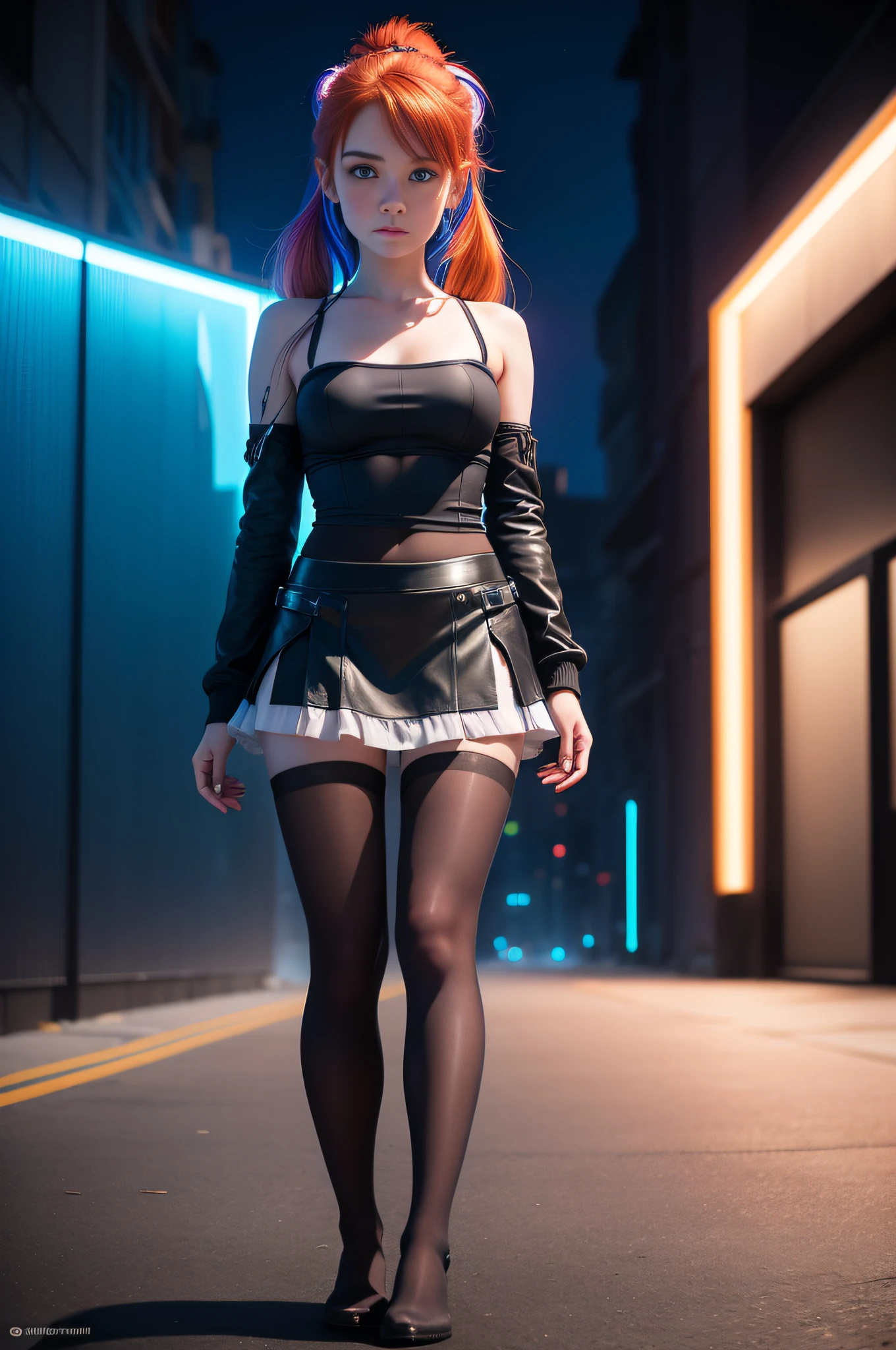1 girl, solo, (nsfw), cute redhead 18-year-old girl in twin tails, ((perfect female body)), (cute face make up), multiple (rainbow colored hair: 1.2), (beautiful detailed blue eyes: 1.6), (photo realistic eyes: 1.6), happy, Ukrainian, (petite body), ((small hips)), pale white skin, (mini skirt and tube top), (matte pantyhose: 1.6), ("tron legacy" style background}, (night time), photo realistic.