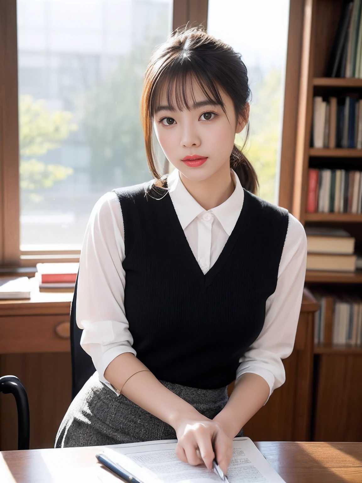 (RAW photogr:1.2),The highest quality, 超高分辨率, A 30-year-old woman in the study:She has an intellectual and elegant temperament,With a low ponytail,Wear a white shirt and a black pencil skirt,Wear a pair of high heels on your feet。She sat at her desk,A pen in his hand,Concentrate on writing,The study was piled with books and some decorations。。。,Create a tranquil learning atmosphere。