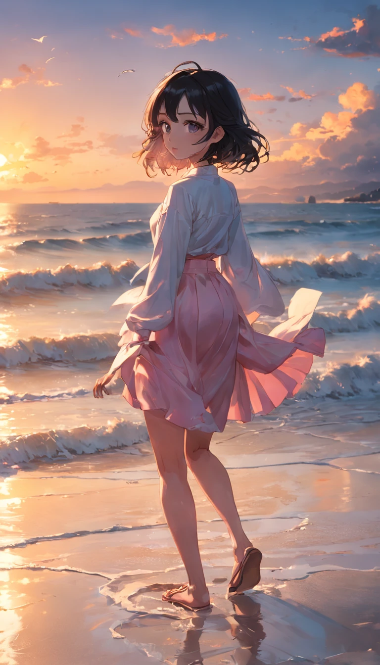 best qualtiy，tmasterpiece，超高分辨率，（真实感：1.4），RAW photogr，warm lights，The sea and the beach，1girll，Walking on the beach，White color blouse，Short pink skirt，sandals，the setting sun，cabelos preto e longos，（Slim，Dignified，shyexpression），Beautiful teenage girl，Beautiful goddess，Detailed scenes, Beautiful digital illustration, the detail，Hyper-detailed, Cinematic quality，((From below))