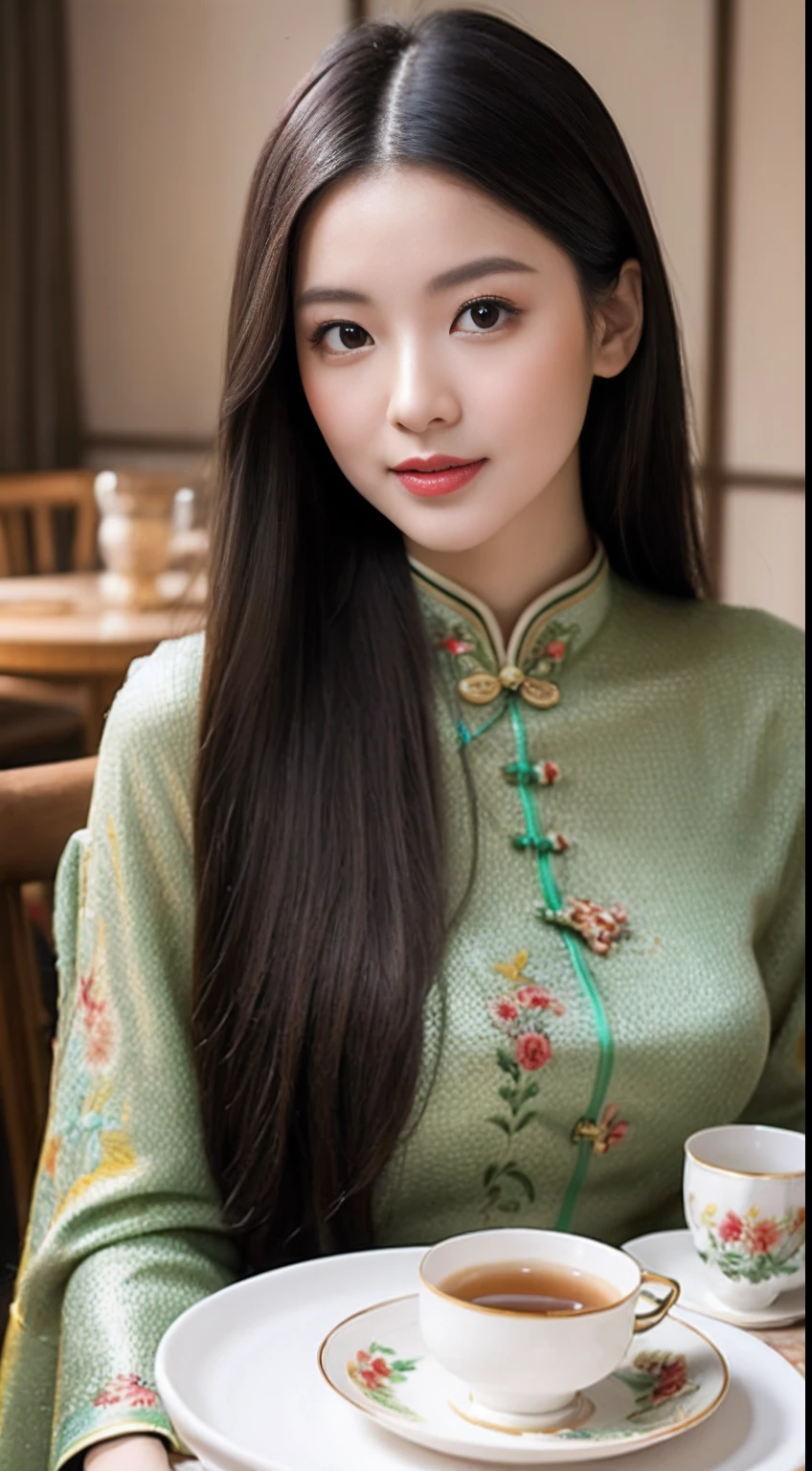 (RAW photogr:1.2),The highest quality, 超高分辨率, 35-year-old woman in the tea room:She has a gentle and gentle temperament,Long hair shawl,Wear a traditional Chinese cheongsam,Wear a pair of embroidered shoes on her feet。She sat at the coffee table,Holding a teacup in his hand,I am enjoying the fragrant tea,The tea room is furnished with tea sets and some classical decorations,It creates a quaint and elegant atmosphere。