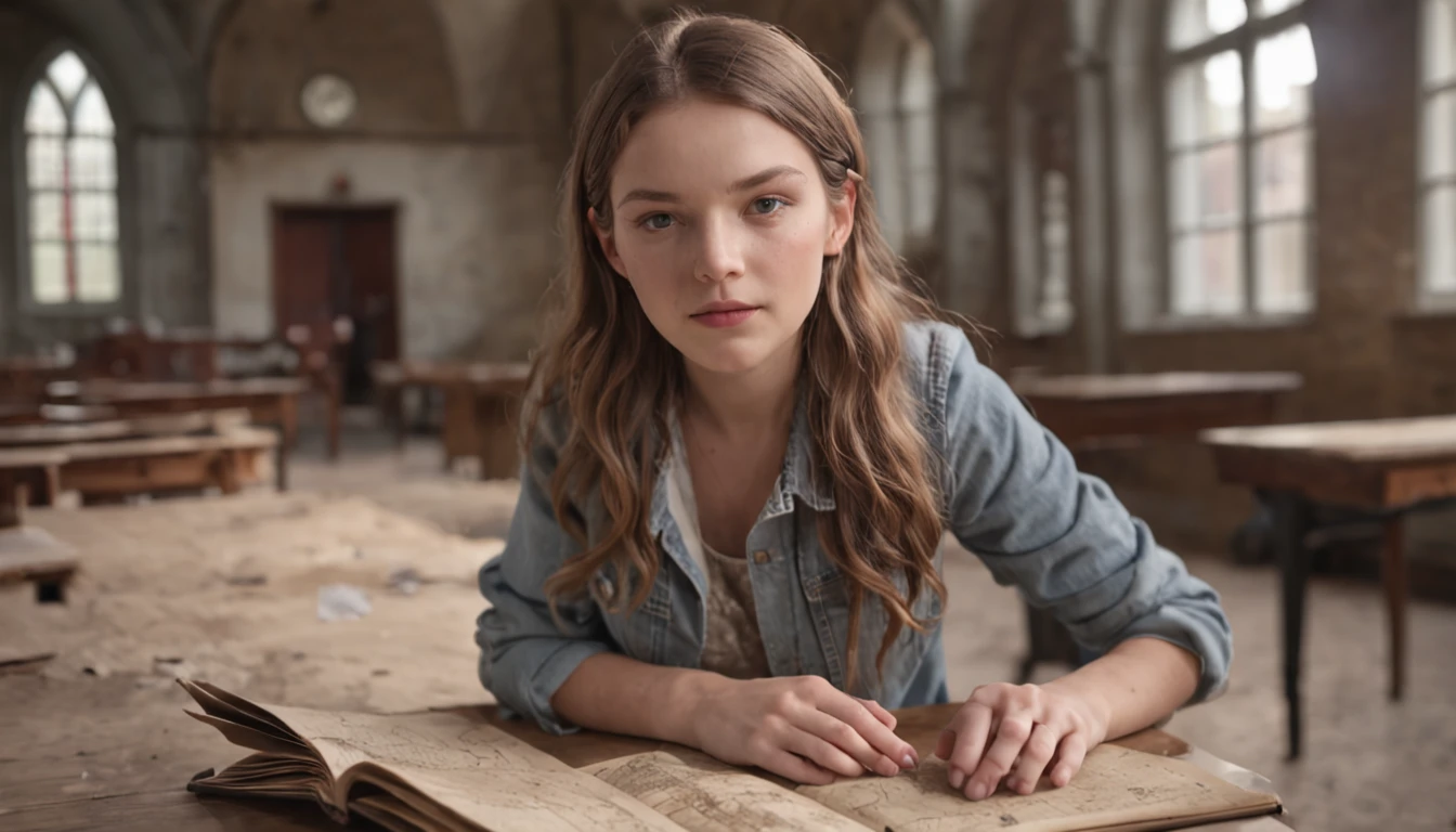 Alex joins forces with other students, each bringing unique skills to uncover the school's mysteries.
Background: Abandoned classroom with a table covered in maps, artifacts, and gadgets.