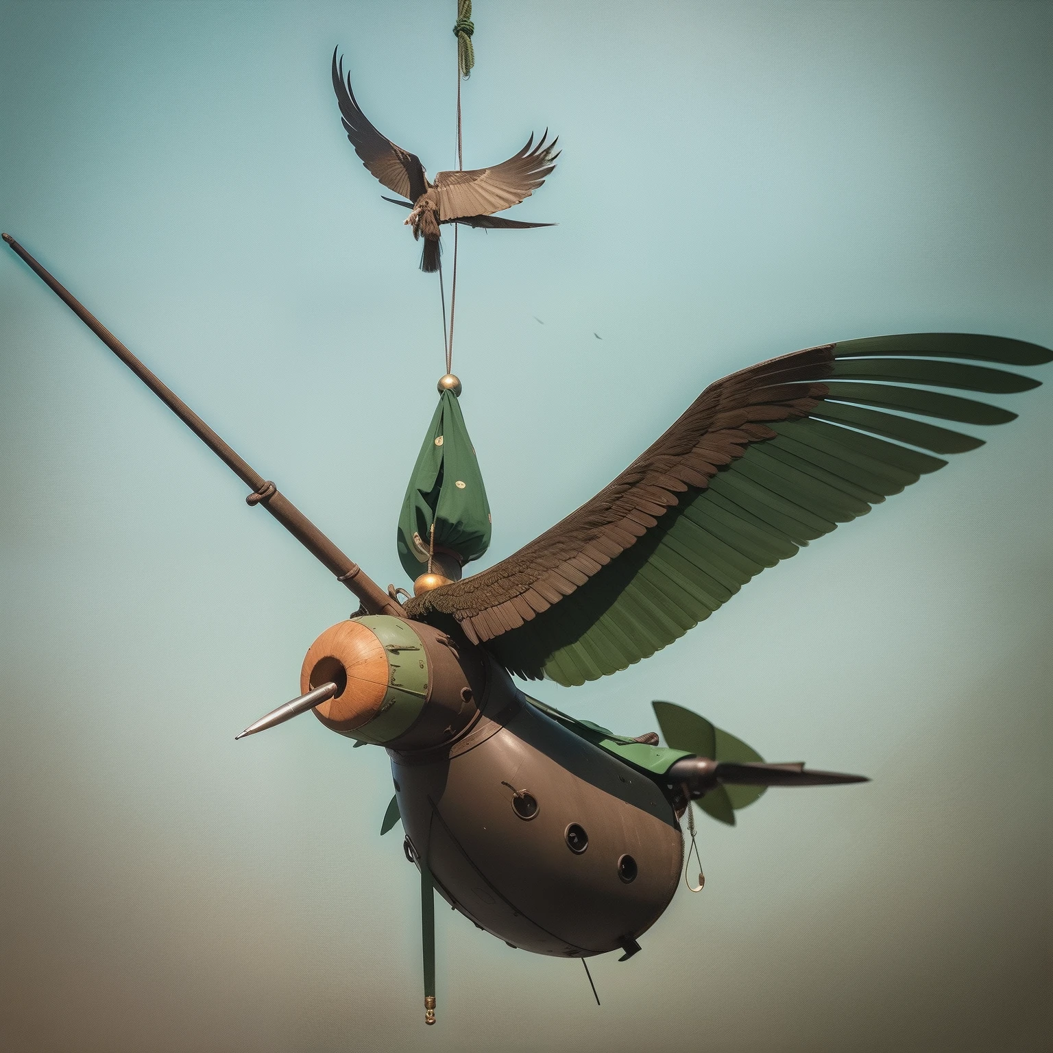 Flying penis, wings, jet motors, long shaft with portholes, green head, long hanging balls in a sack with hair, pubic hair