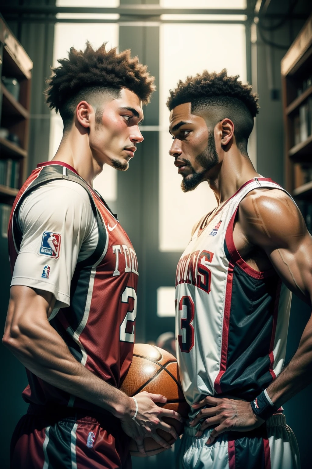 Two basketball players,Look at each other