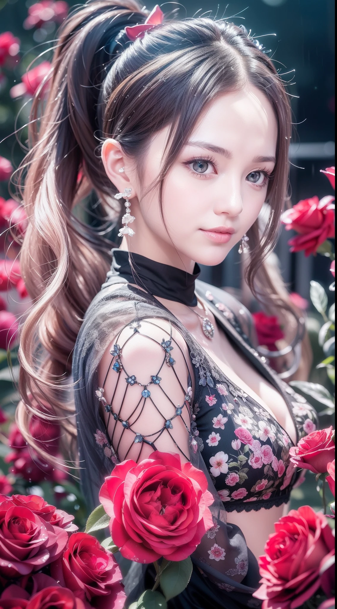 Garden covered with red roses in the background, Silver hair, front ponytail, eyes reflection, red contact lenses, Pink eyes,Heterochromia, Wear earrings, Blue crystal pendant,Evil smile, shairband,High detail, romanticism lain, Depth of field, Sparkle, Ray tracing, viewfinder, zoom layer, Close-up, Bokeh, Anatomically correct, High details, 1080p, Ultra HD
Woman,High ponytail,a sailor suit,Half out of the water,Get wet,Clothing water pattern detail,The expression is solemn,holding knives,Shiny blade detail depiction,reflective light,
Gorgeous and delicate glowing little butterfly hair ornament,brilliant colorful,Fine engraving,Shine brightly,The attention to detail,The jewelry is of high quality,Extremely high image quality