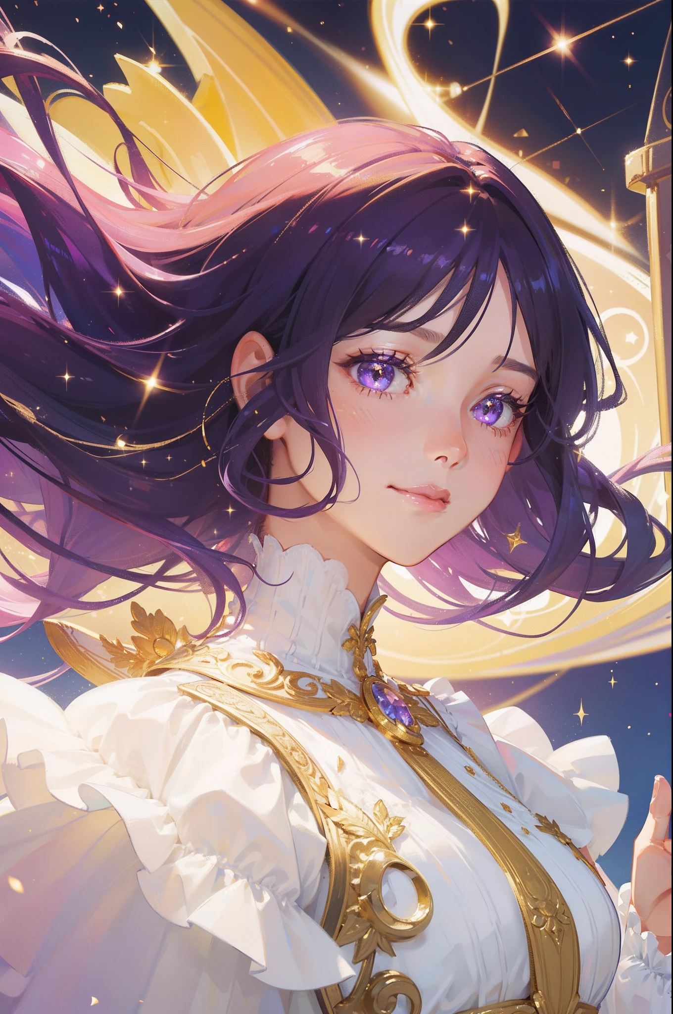 masterpiece, best quality, beautiful detailed hair detailed face, perfect feminine face, big almond-shape eyes, smile, happy, a beautiful and cute girl with sparkling and glowing purple hair, jewelry, golden ornament, frills, lace, (close-up potrait:1.2), floating hair by wind, (sparkle particle), lens flare, sharp focus, volumetric lighting