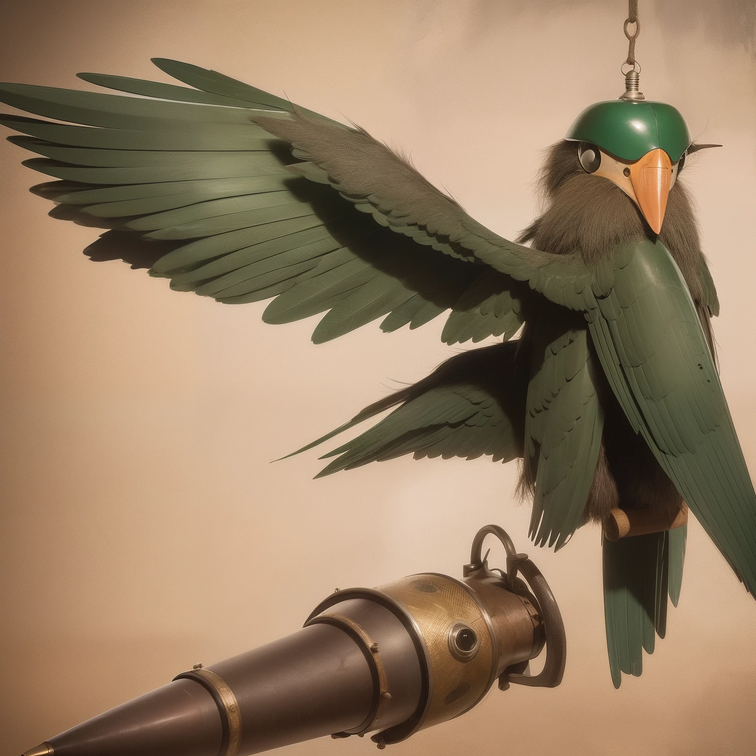 Flying penis, wings, jet motors, long shaft with portholes, green head, long hanging balls in a sack with hair, pubic hair