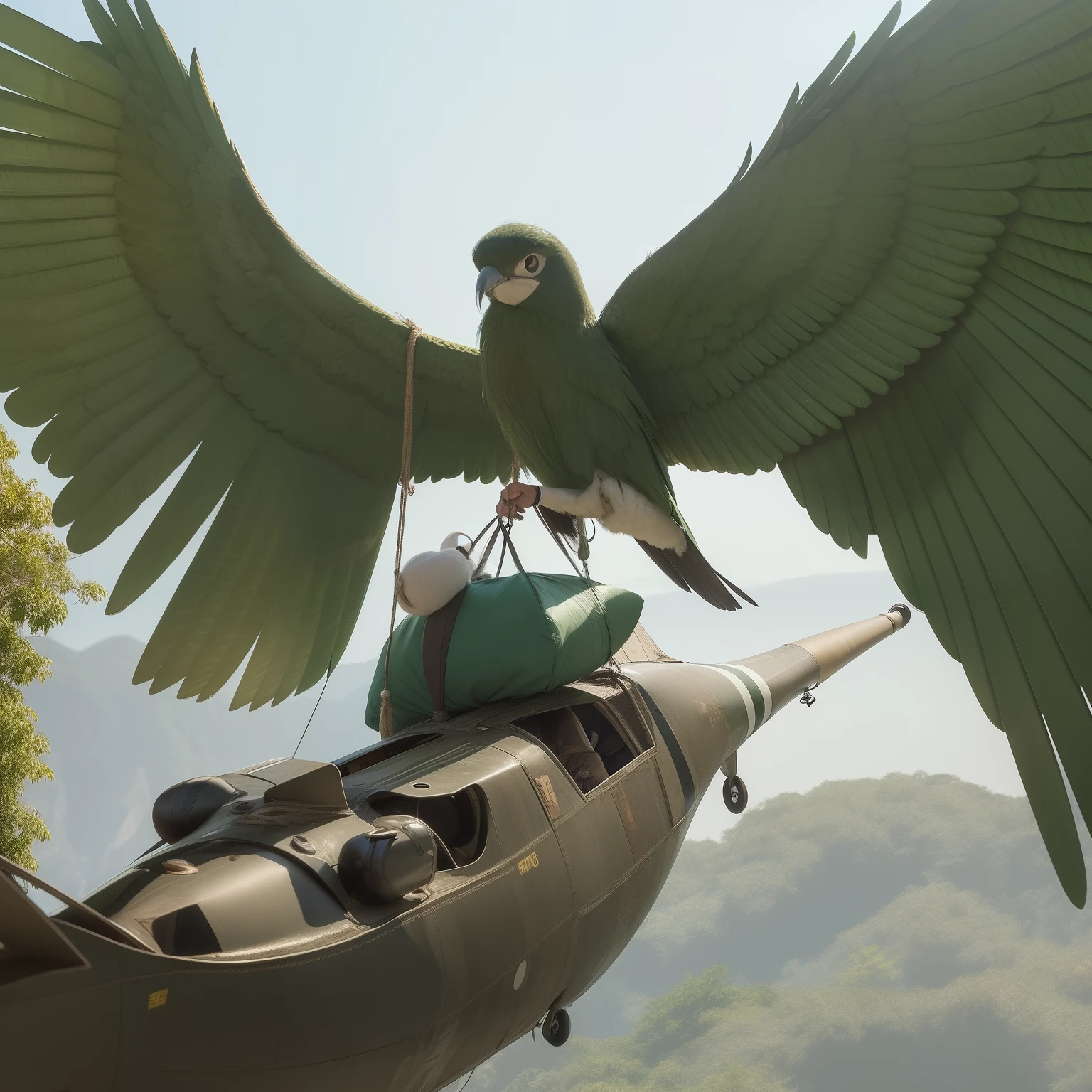 Flying penis, wings, jet motors, long shaft with portholes, green head, long hanging balls in a sack with hair, pubic hair