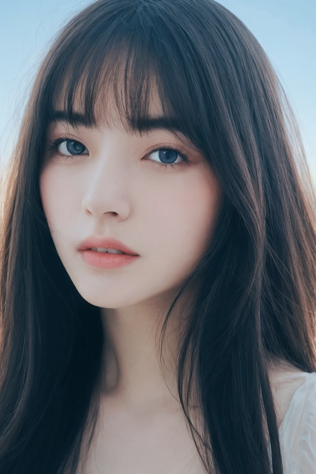 （Detailed and realistic portrait of a girl with a clean face），（Round eyes and long flowing hair were filmed outside），stares at the camera，Amazing photography，dramatic  lighting，Foto realism，ultra - detailed，
 Intimate portrait composition，（centered image composition），（Close-up Shot Shot：1.6），best qualtiy，f / 1。8， 85mm，
（21 years old Asian female）， black_hair，（black_eyes：1.2），（By bangs），putting makeup on，white_dress，
（Hazy blue_sky_background）