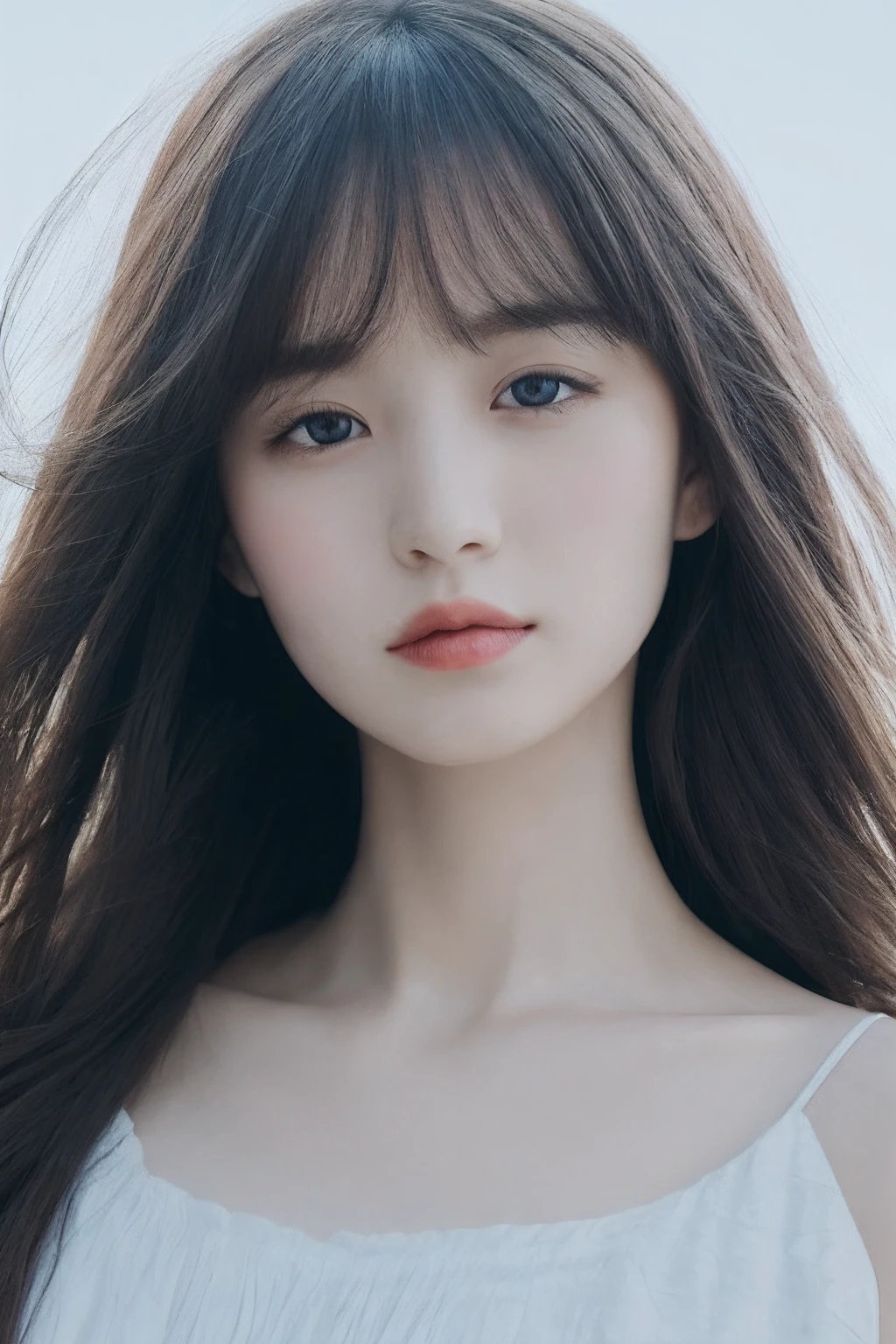 (detailed and realistic portrait of a girl with a clean face), (round eyes and long flutters hair shot outside),staring at camera,magical photography, dramatic lighting, photo realism, ultra-detailed,
intimate portrait composition, (centered image composition),(close up shot:1.6),best quality,f/1. 8, 85mm,
(28years asian woman), black_hair,(black_eyes:1.2),(bangs),makeup,white_dress,
(hazy blue_sky_background)