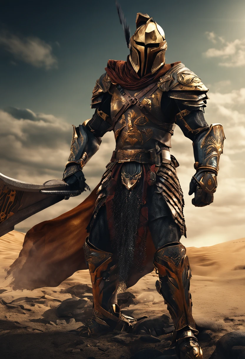 spartan warrior, fighting , stunning armor, black gold armor, epic, 8k