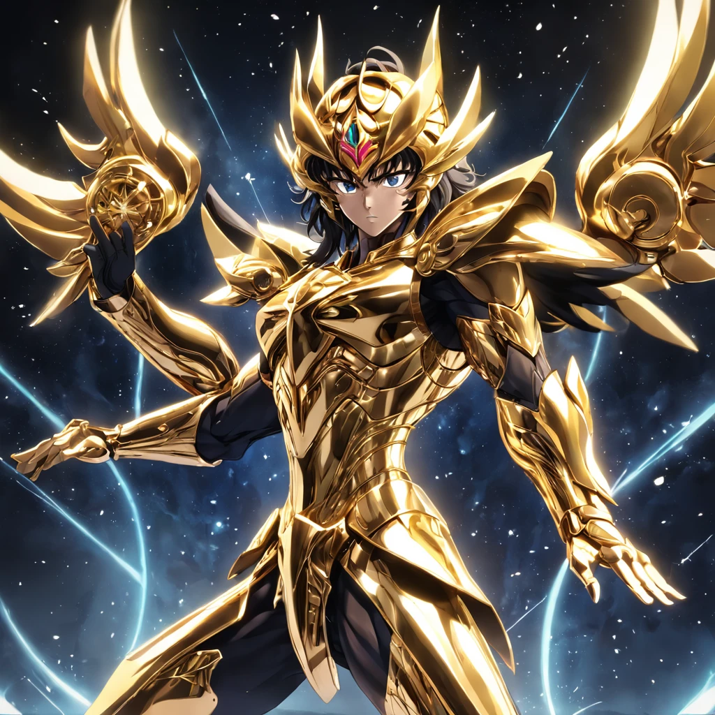 Gold Saint Seiya，A warrior，The battle hardened，Gold Warframe，ornate decorations，sharp，Strong body，Clear lines，determination，Mystical runes，Unique light around。