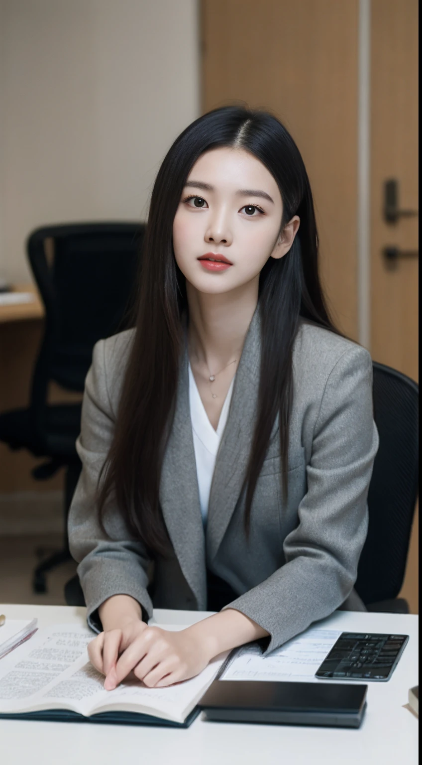 (RAW photogr:1.2),The highest quality, 超高分辨率, Arad woman in gray suit sitting at her desk, xue han, Chiba Yuda, xintong chen, news broadcast, Li Zixin, Yun Ling, Zhang Pengzhen, wenfei ye, lulu chen, Lu Ji, Cai Xukun, xiaofan zhang, jinyiwei